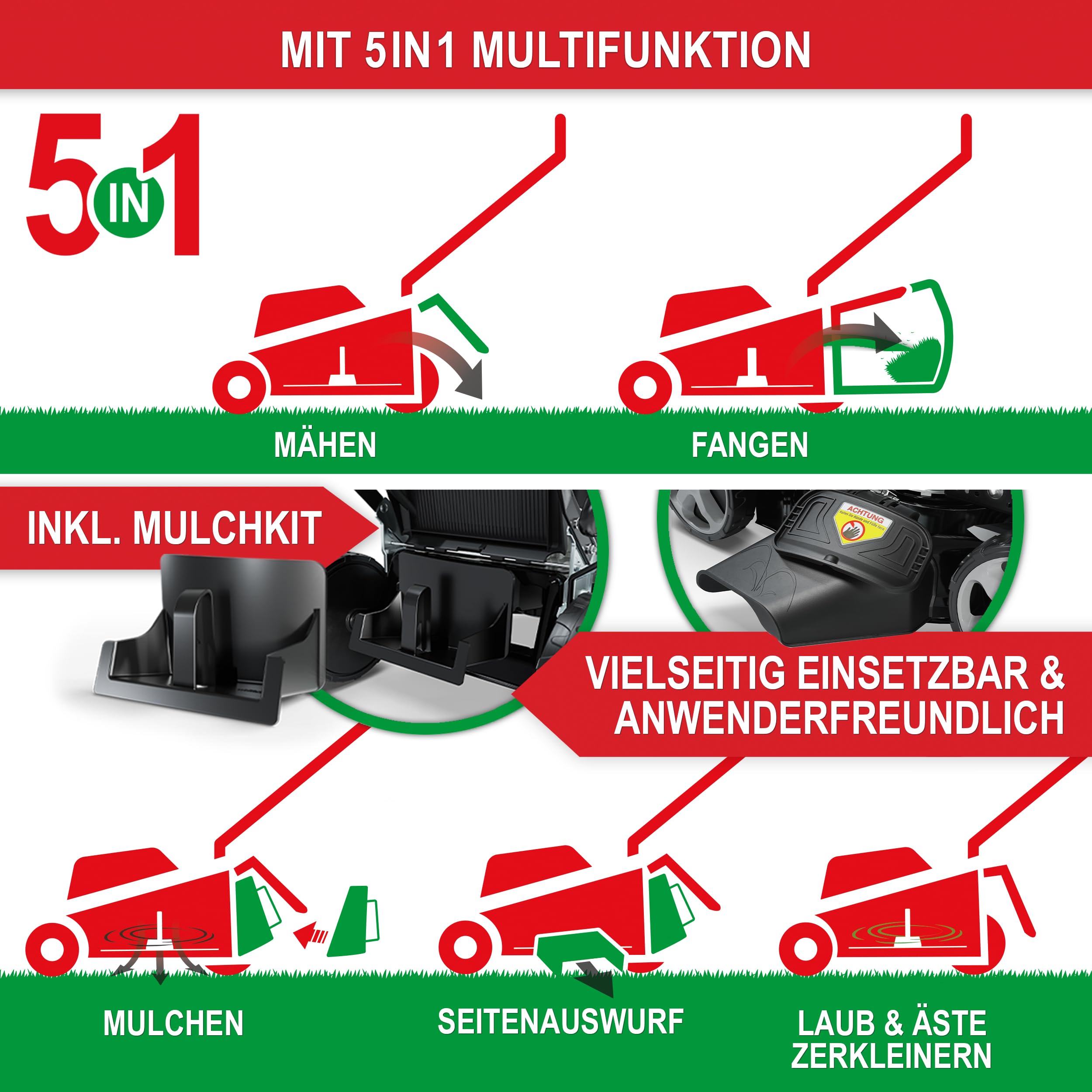 ONBEST Benzin Rasenmäher 5IN1 - Starke 6,5 PS, 4 Klingenschneidsystem & Sograd – 4 Takt Motor – 196 cm³ Hubraum – E-Start – 53 cm Schnittbreite – 60L Fangkorb – Radantrieb – Seitenauswurf