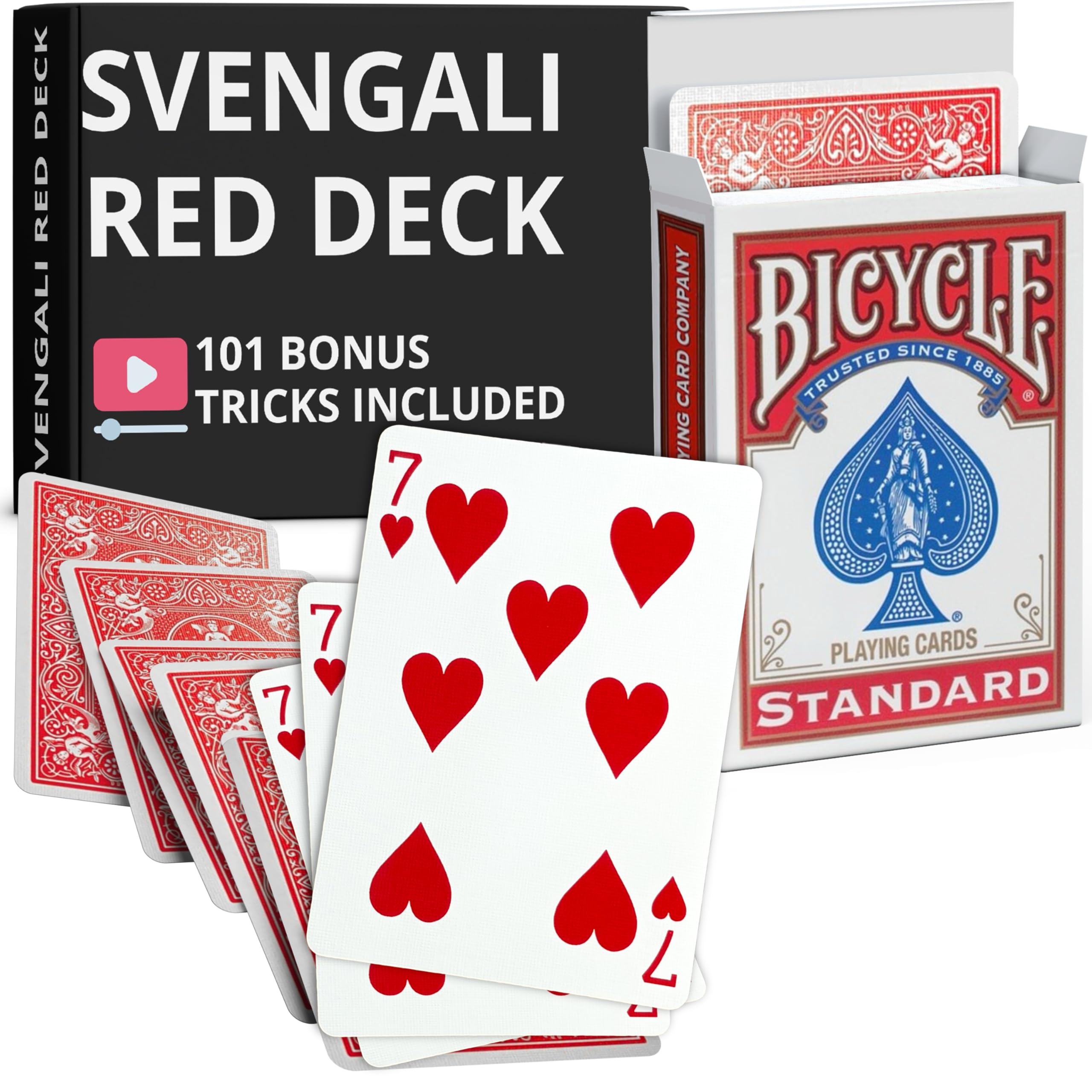 Ted's Sterling Magic Precision Red Rider Back Bicycle Svengali Deck with Instructions for 100+ Tricks (7 of Hearts)
