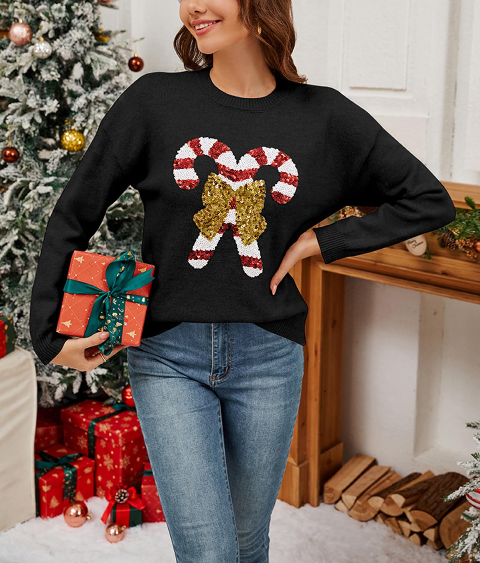 cffdviz Maglioni di Natale per Donna Maglione a Maniche Lunghe con Scollo Rotondo Decorato con Paillettes a Bastoncino di Zucchero