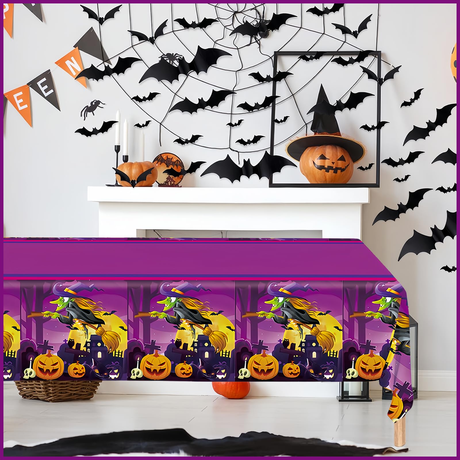 COSORO 2pcs Halloween Table Cloth Party Plastic Cover,108x 180cm Large Witch Pumpkin Purple Dinner for Indoor Outdoor Halloween Party Table Decorations - Image 4