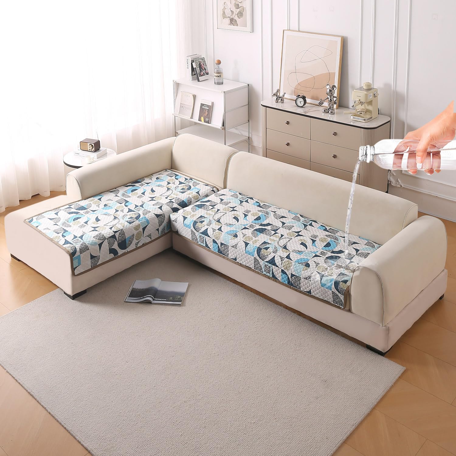 Beige Peony Sofa Cover - L Shape 5 Seater -1