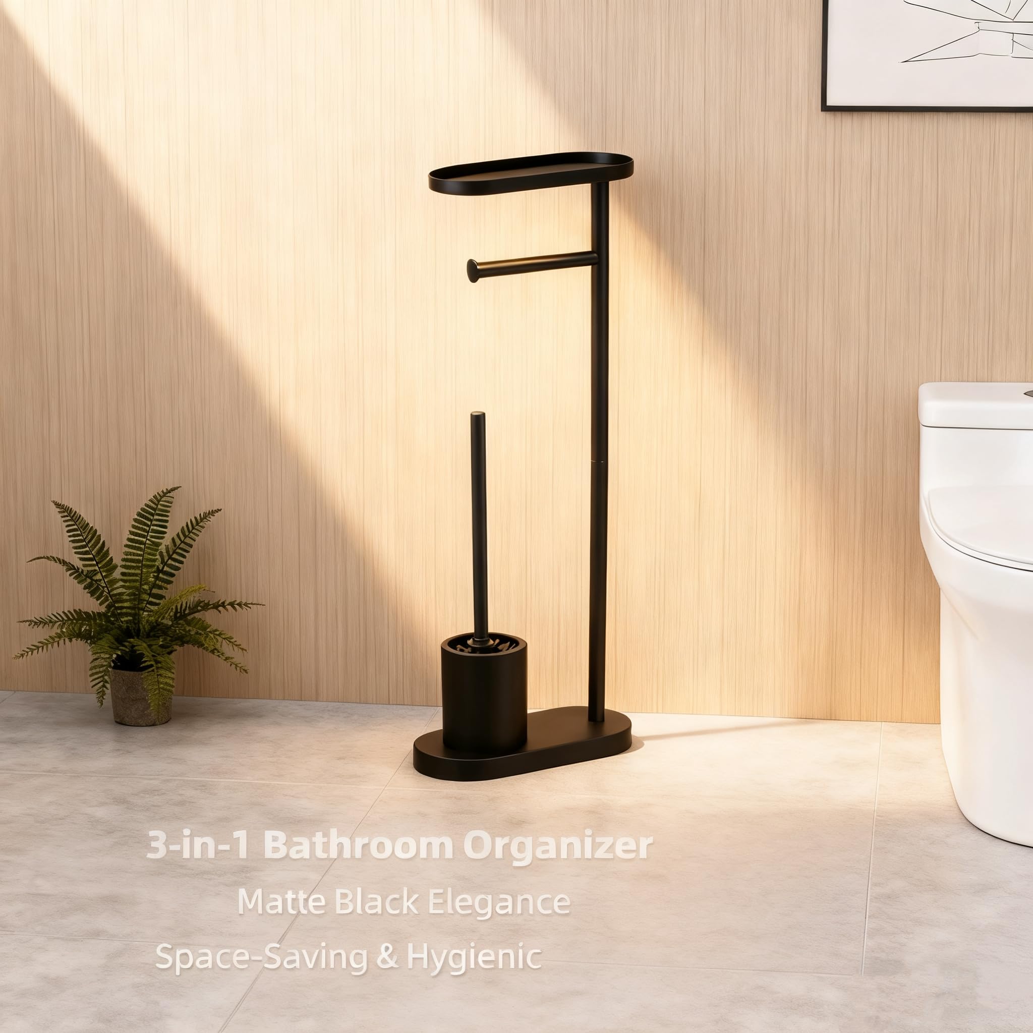 BM Portarotolo da Bagno con Scopino e Mensola in Metallo – Piantana WC 3 in 1 Nera Opaca, design moderno, supporto carta igienica con vassoio superiore, base stabile antiscivolo (Metallo)