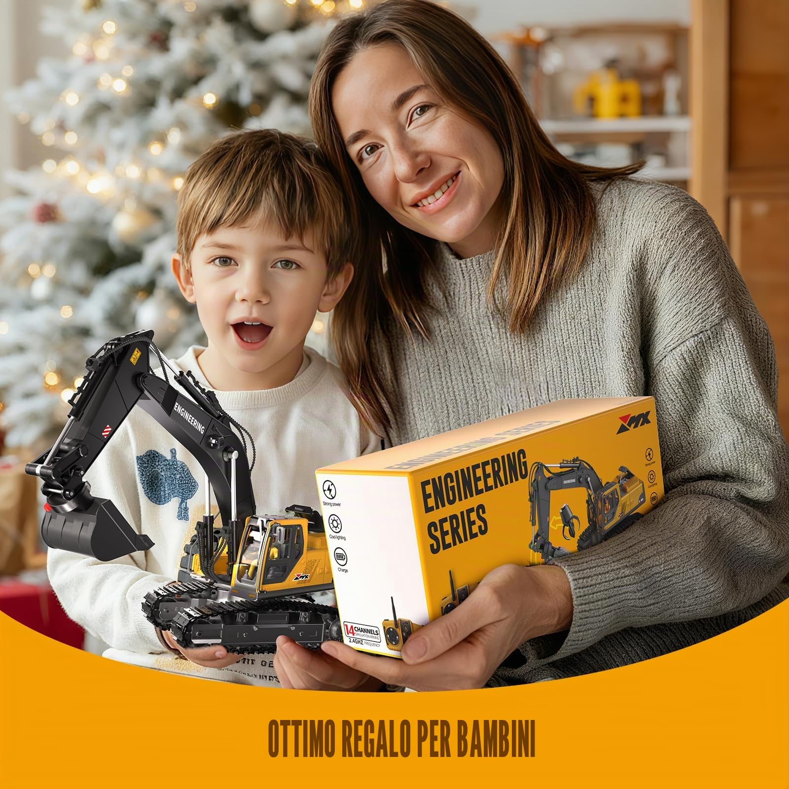 GraceDuck Escavatore Radiocomandato 3 in 1, 2.4GHz con Luci e Suoni - 680° Rotazione, Braccio Meccanico Funzionale e Cingoli Antiterreno - Giocattolo con 3 Accessori per Bambini 6-12 Anni
