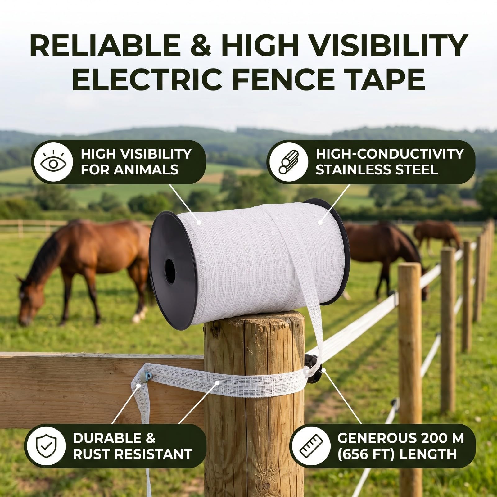 Altri Prodotti per la Cura degli Animali Segnaposto Polywire, 200 M X 2 Cm Nastro per Recinzione per Cavalli e Bestiame Conduttori per Nastro per Recinzione Elettrica Ranch Farm per per Cavalli