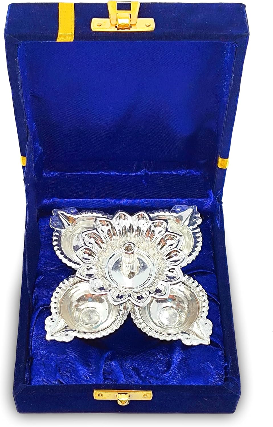 Samyuktha German Silver Oil Lamp with Blue Velvet Box Silver Plated Panchmukhi Dia Pooja Items Home Decoration Puja Gifts Handmade Diwali Gift Traditional Indian Dhanteras Deepawali Upahaar