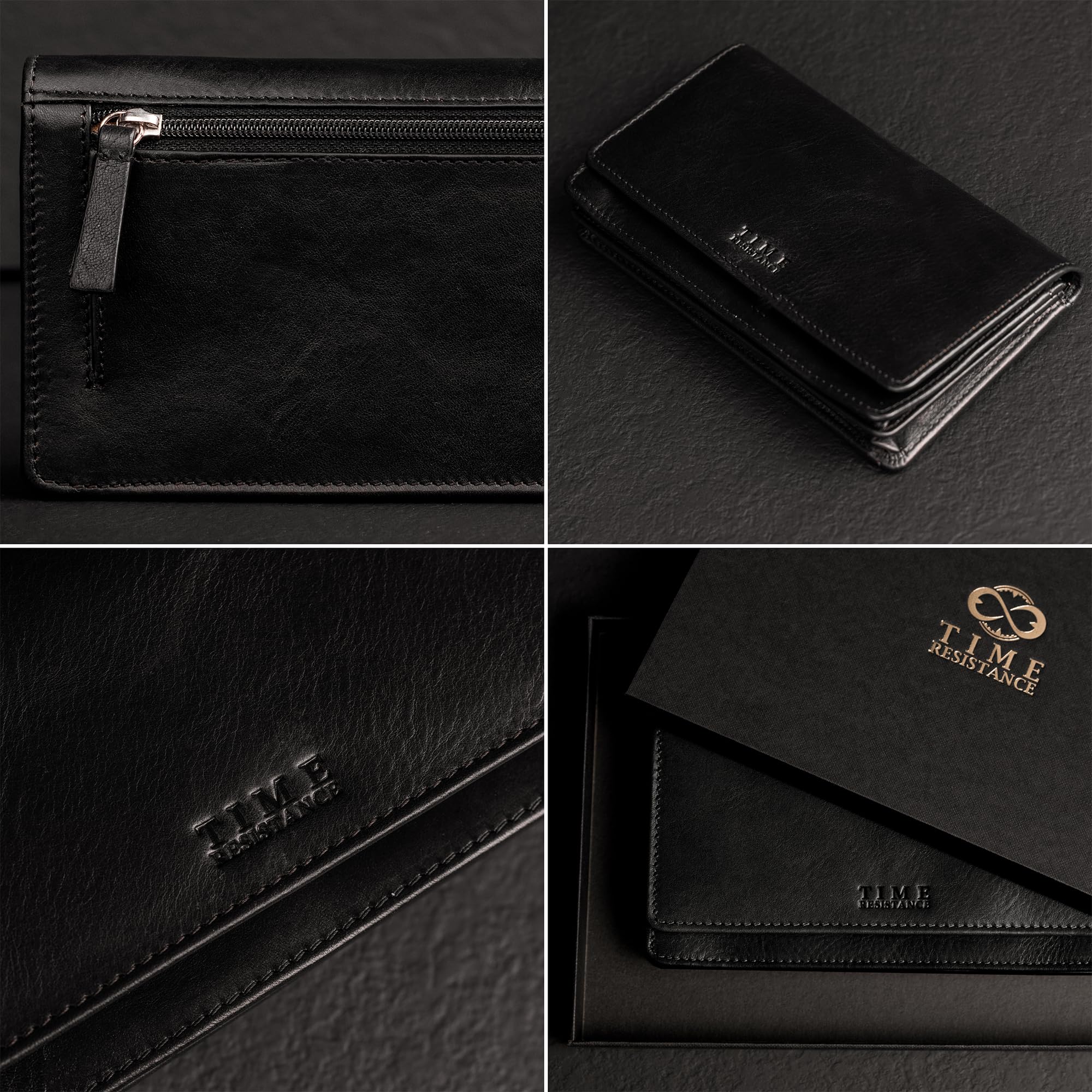Time Resistance Cartera Larga de Cuero – Cartera Continental para Tarjetas de Crédito y Efectivo – Porta Dinero Minimalista Hecho a Mano en Italia (Negro)