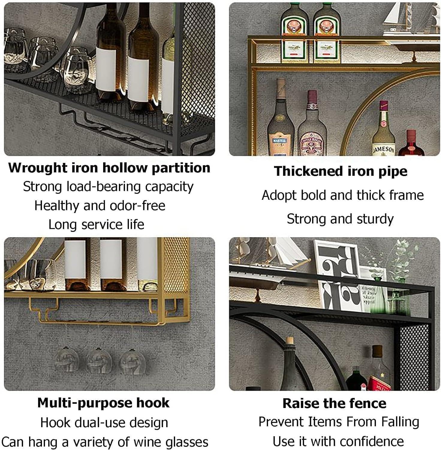 Porte Bouteille Mural, MéTal Etagere Vin avec Porte-Verre, Moderne Flottantes en Casier à Bouteilles, Polyvalentes EtagèRe Murale, Casier à Vin pour Cuisines Salle à Manger Bar (Noir,100x15x80cm)