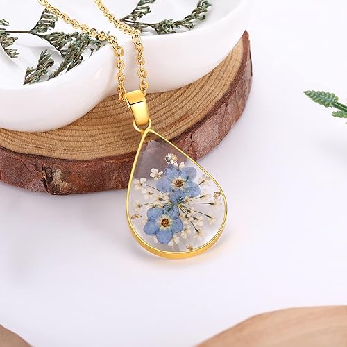 Miniatura 3 de Forget-Me-Not and Queen Anne's Lace Pressed Wildflower Necklace Gold Pressed Flower Necklace Personalized Handmade Necklaces