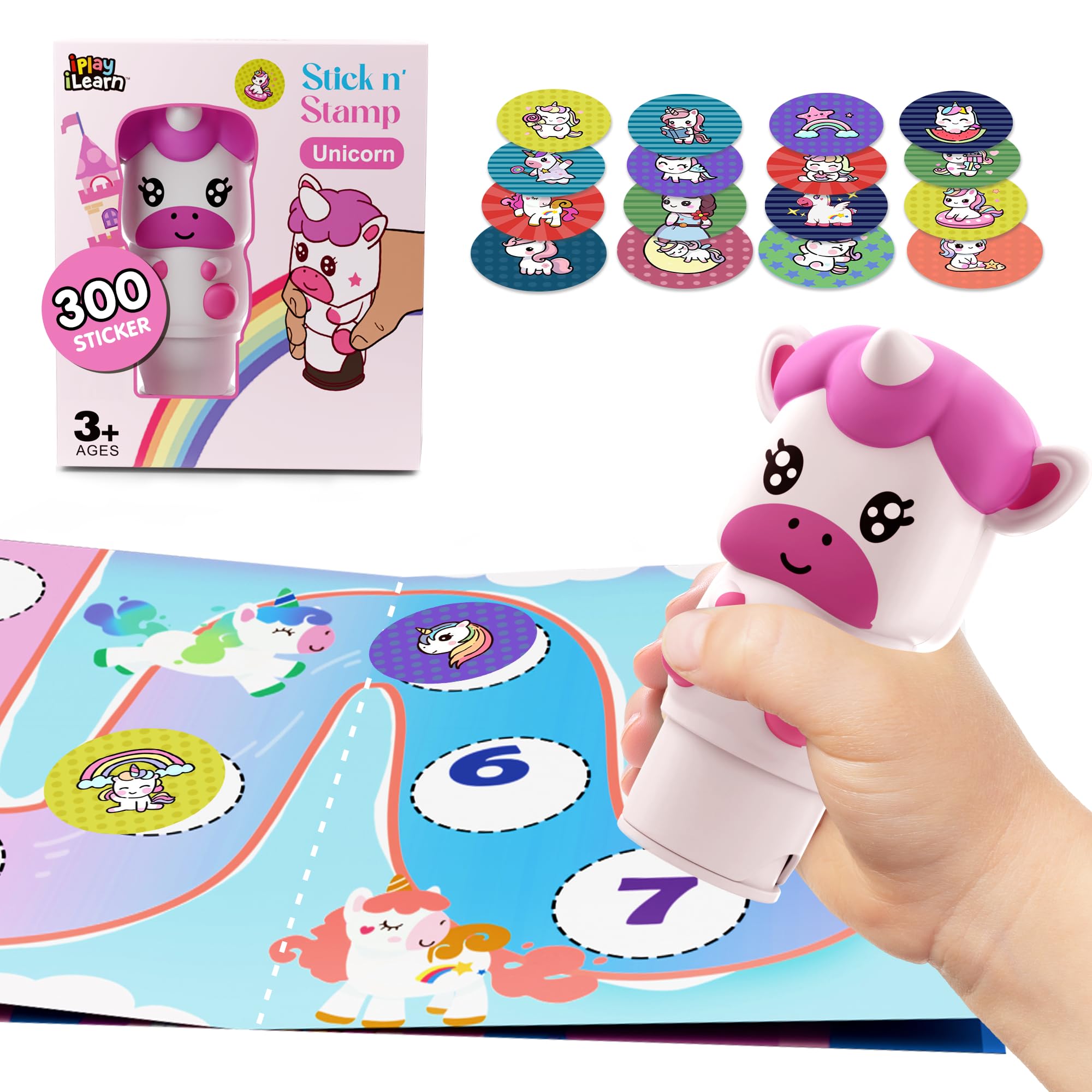 iPlay, iLearn Kids Unicorn Sticker Stamp Set - 400+ Stickers 18-Page Activity Book, Toddler Creative Mess-Free Art Craft Educational Travel Toy,