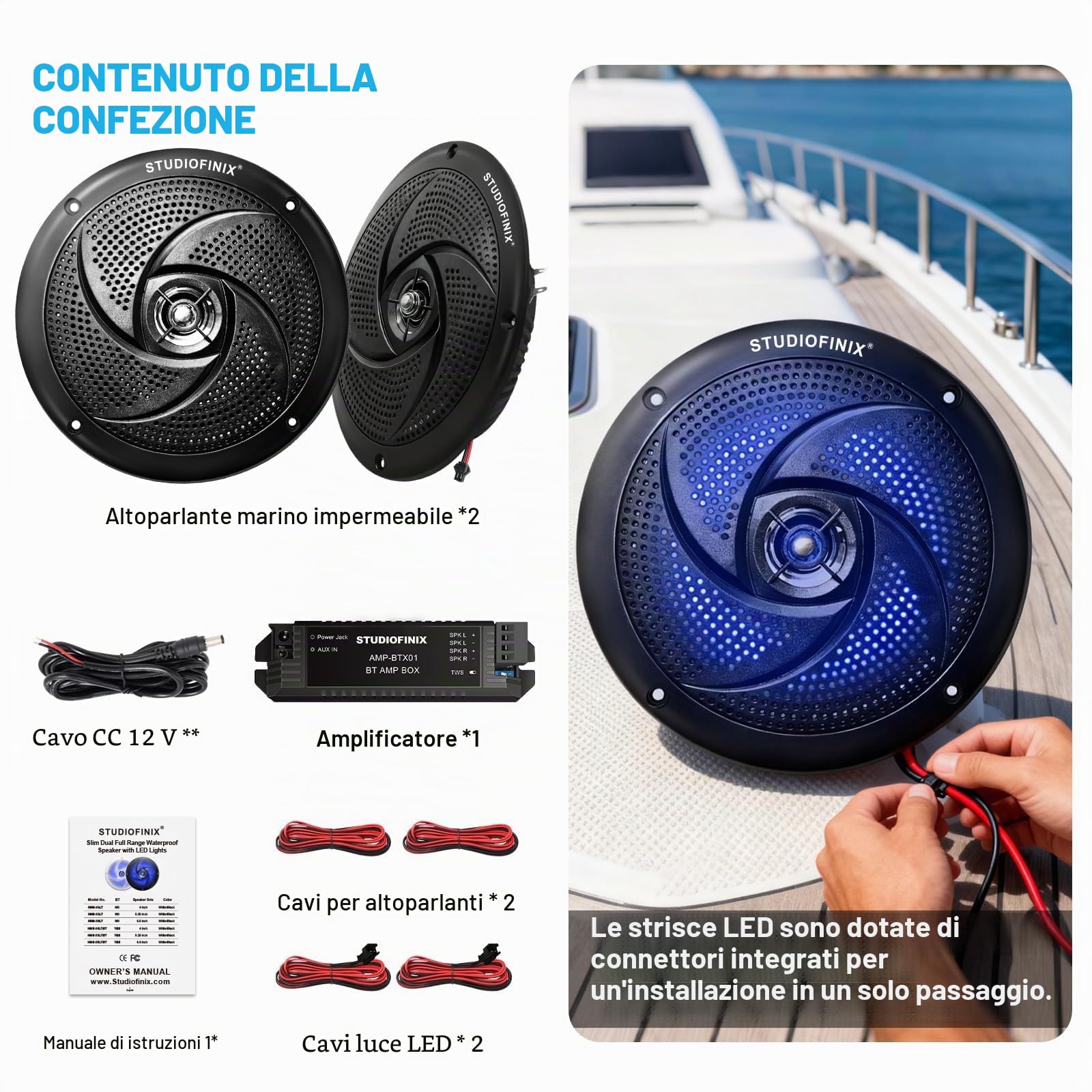 STUDIOFINIX 5,25" 160W Altoparlanti marini Bluetooth impermeabili, a 2 vie con luci LED e design sottile, per barca, camper, ATV, UTV, carrello da golf (1 coppia, Nero)
