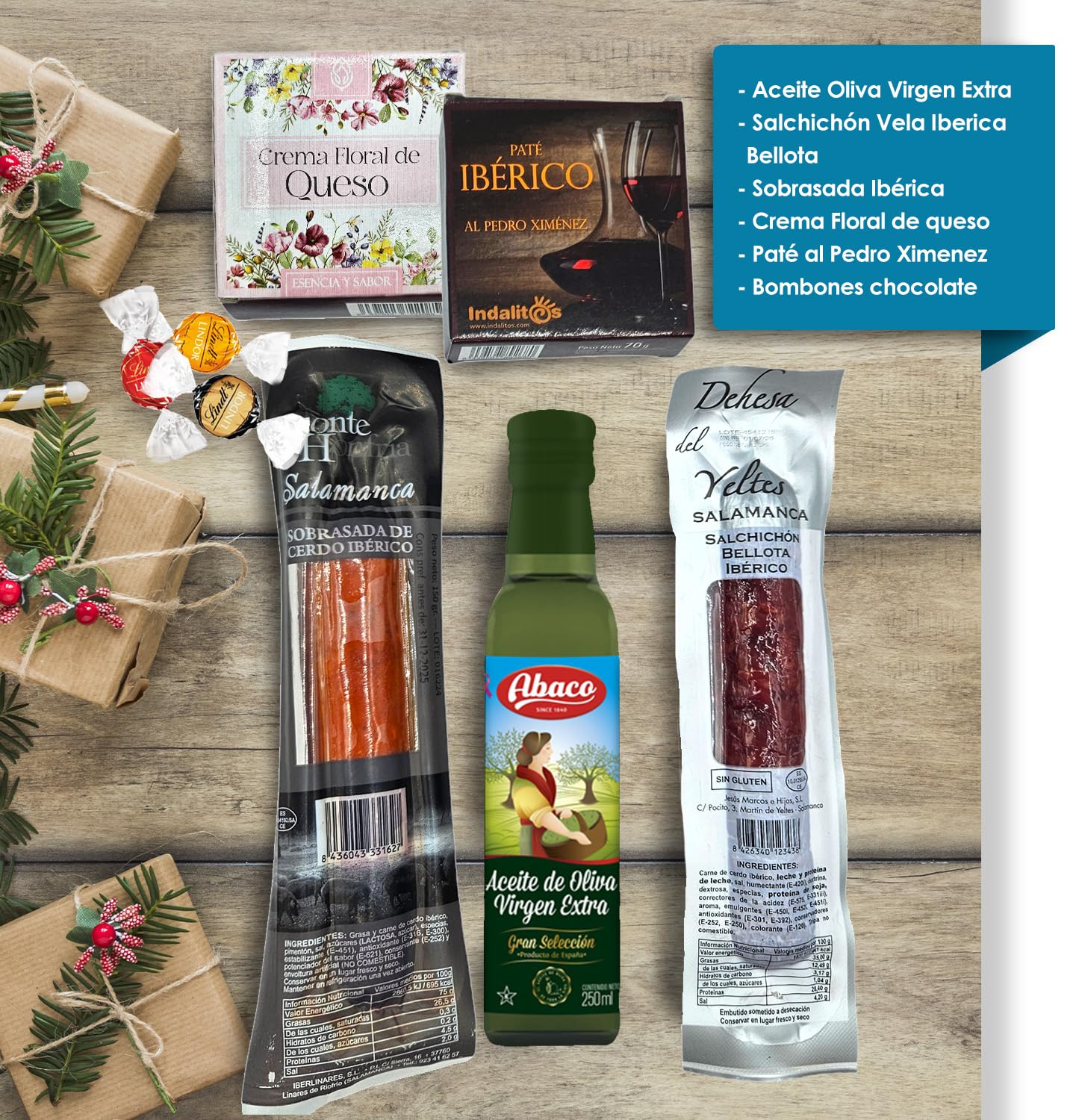 Cesta Navidad Gourmet S para Regalar | Perfecta para Regalos de Empresa | Aceite de Oliva Virgen Extra, Salchichón y Sobrasada Ibérica, Pate al PX y Crema Queso Floral