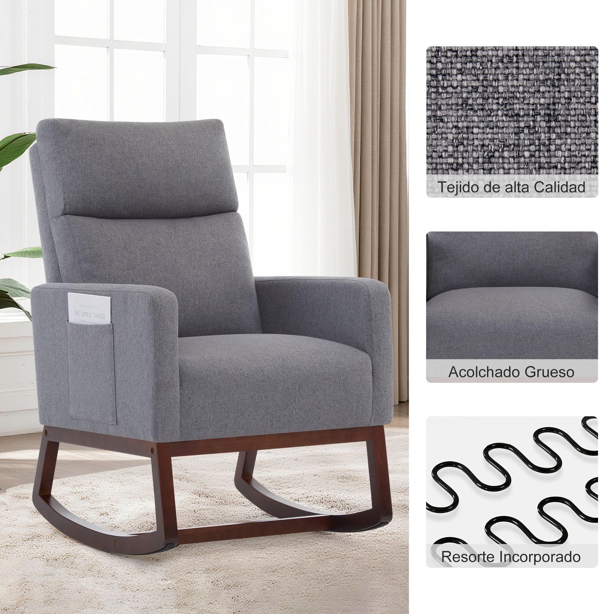 Silla Mecedora de Lactancia Lino, Respaldo Alto, Bolsillos Laterales, Patas de Madera (Gris Carbón)