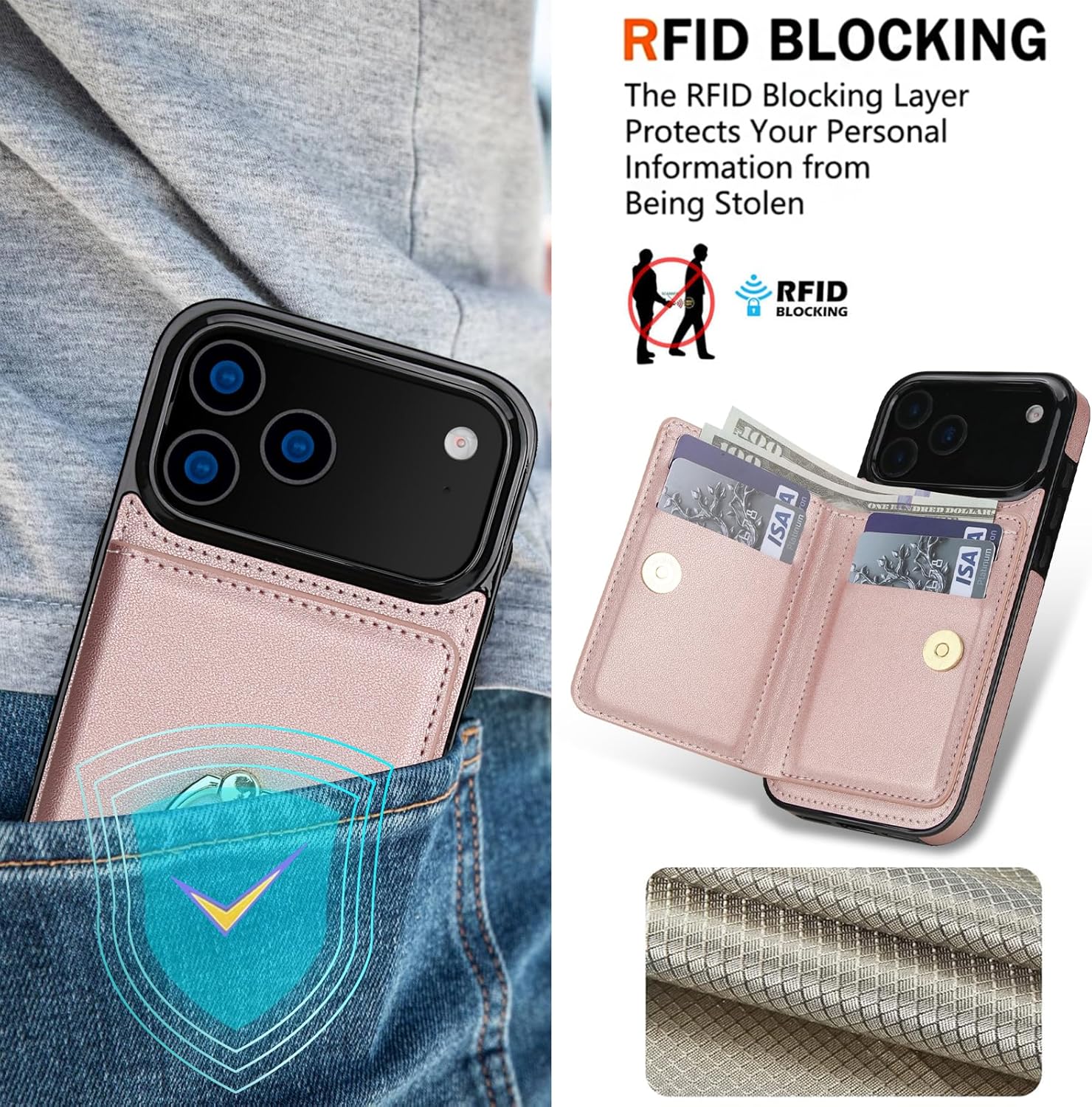 TIANLI Compatible with iPhone 17 Pro Max Wallet Case with Card Holder, 360° Rotation Ring Kickstand RFID Blocking PU Leather Double Magnetic Clasp Shockproof Cover for Women Man, Rose Gold