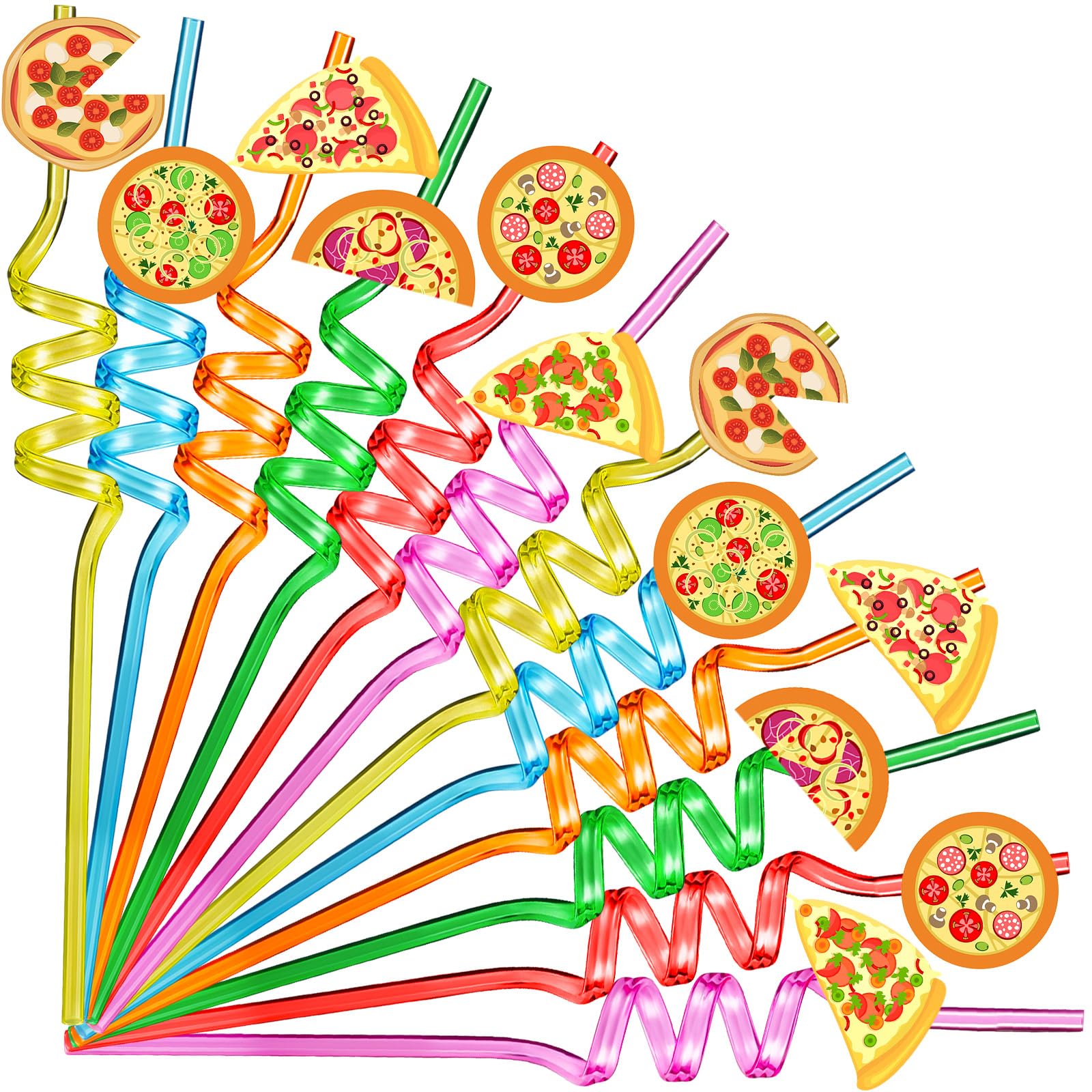 FillTouch 24 Pcs Colorful Pizza Drinking Straws Italian Party Favors Plastic Spiral Turtle Party Supplies Silly Reusable Cute Swirly Straws for Baby