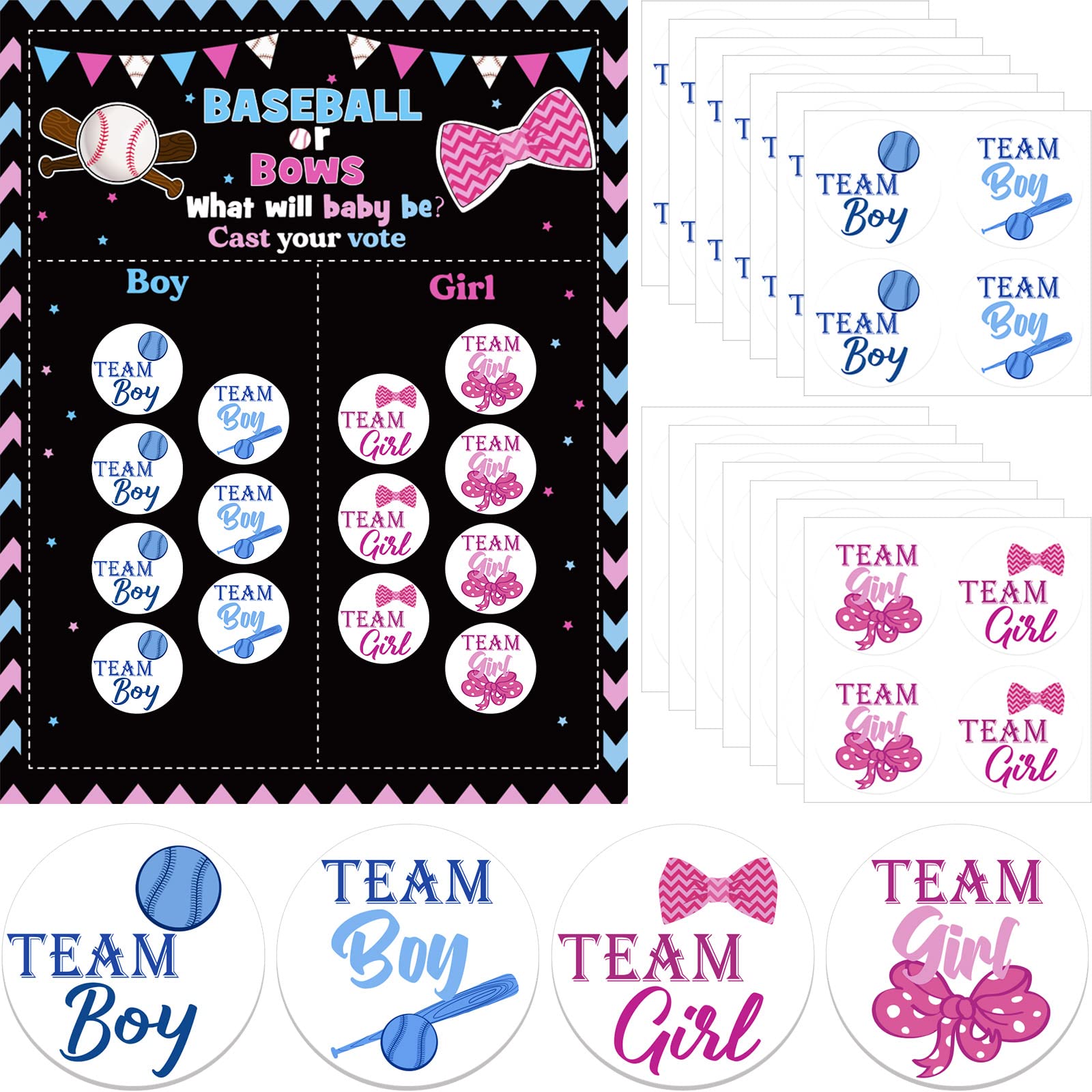 Buy 72 Pieces Baseball or Bows Gender Reveal Stickers and Gender Reveal