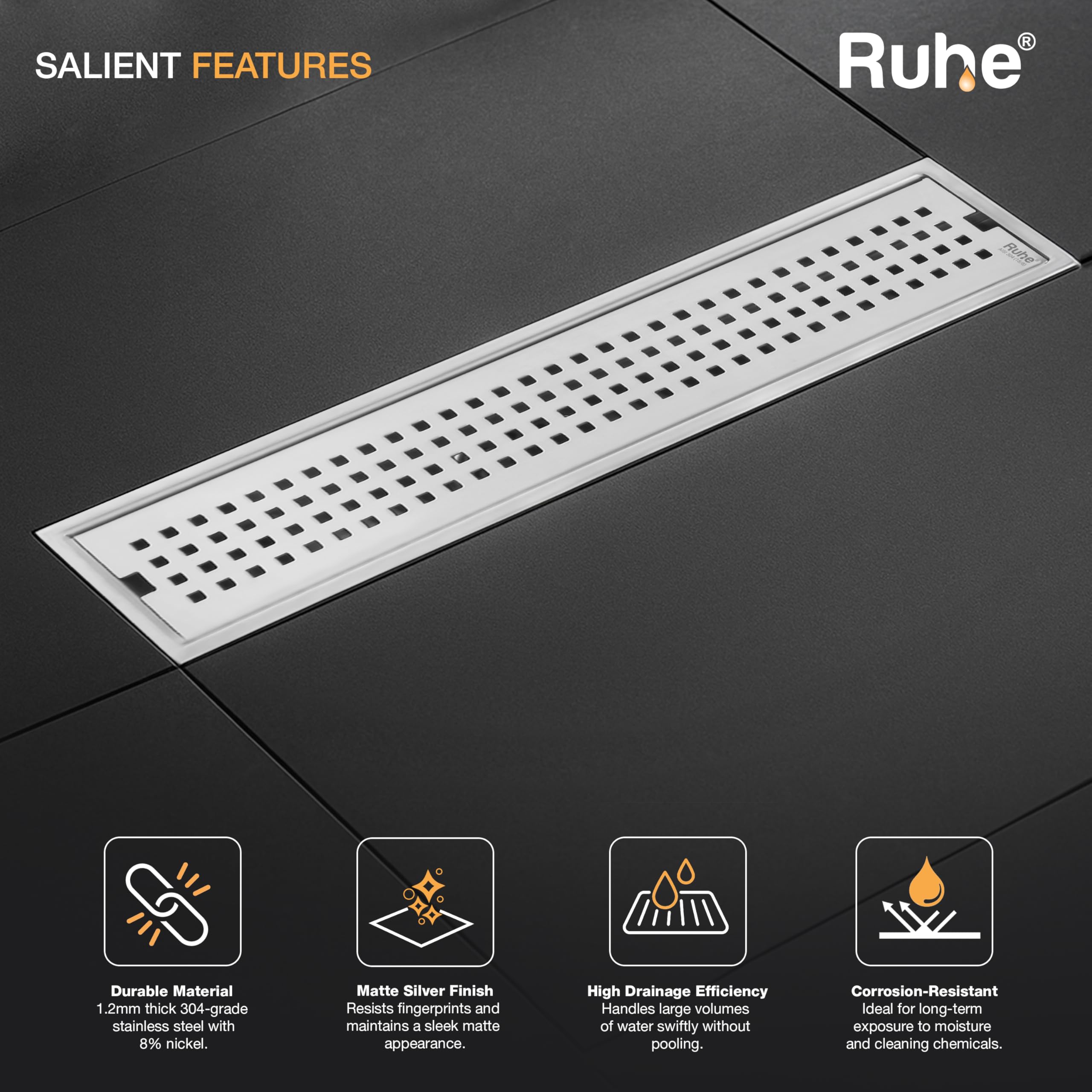 Ruhe® Palo Shower Drain Channel | 18 × 4 Inches | 304 Stainless Steel Shower Water Drain Channel | Floor Drain with Cockroach Trap, Side Hole and Collar 2