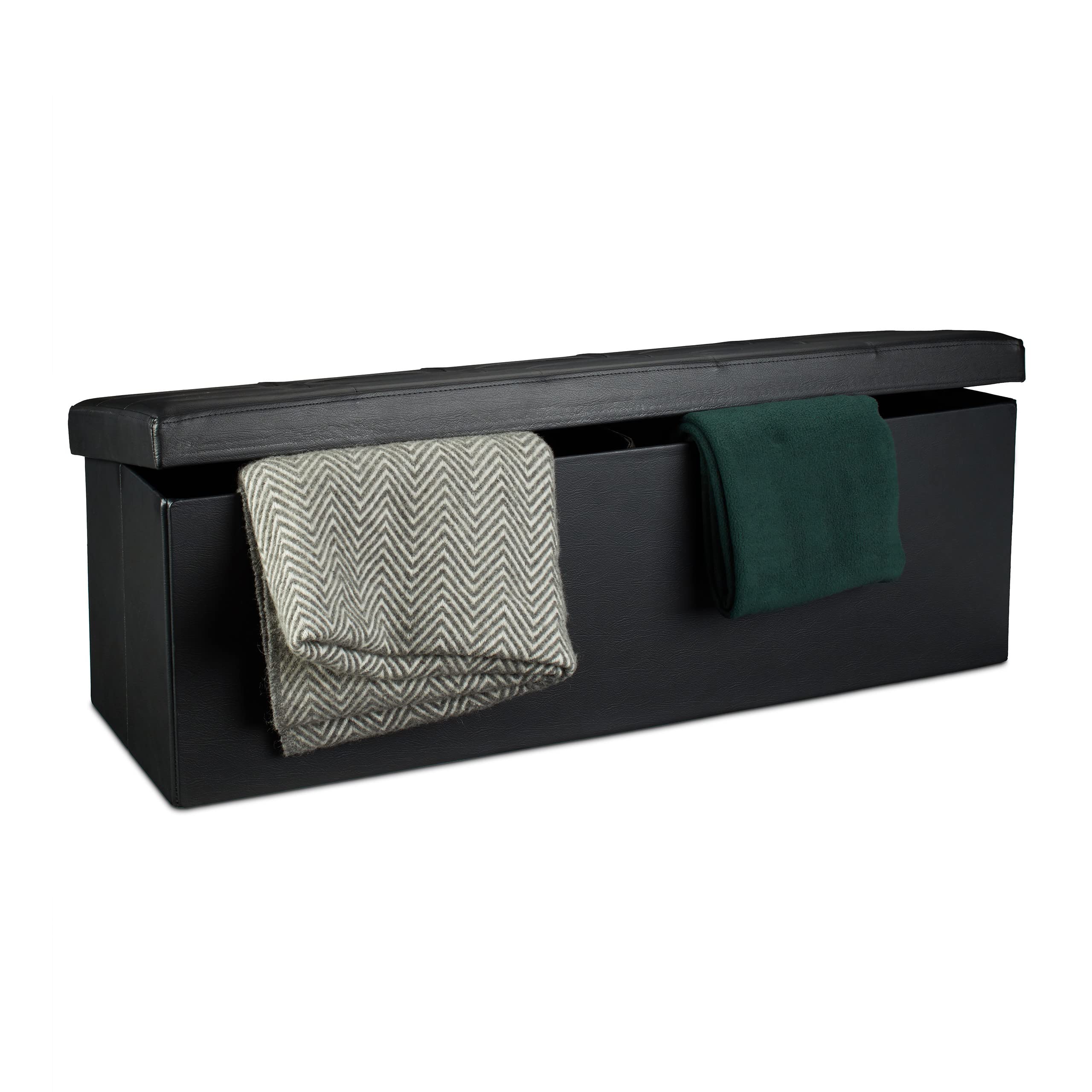 Relaxdays Banco plegable, Baúl de almacenaje, Cuero sintético, 38 x 114 x 38 cm, Negro