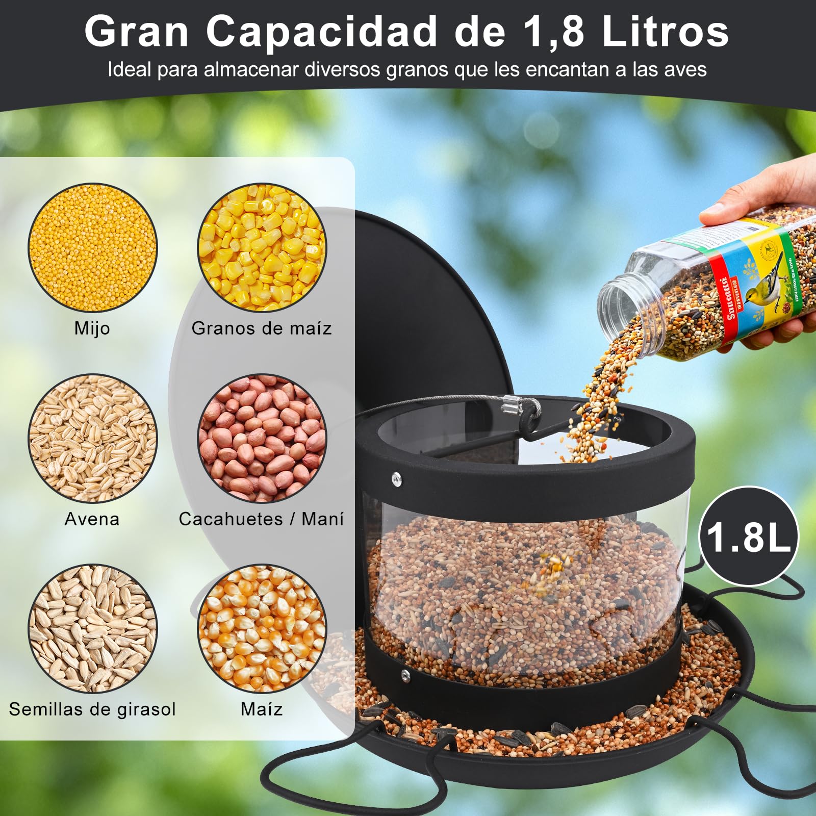Glovios Comedero Colgante para Pájaros,Comedero Pajaros Exterior 1.8L,Comederos para Pajaros, Comedero Pajaros,Garden,Balcón y jardín, Educación al Aire Libre, Pico, Alimentación de Aves,Negro - 3