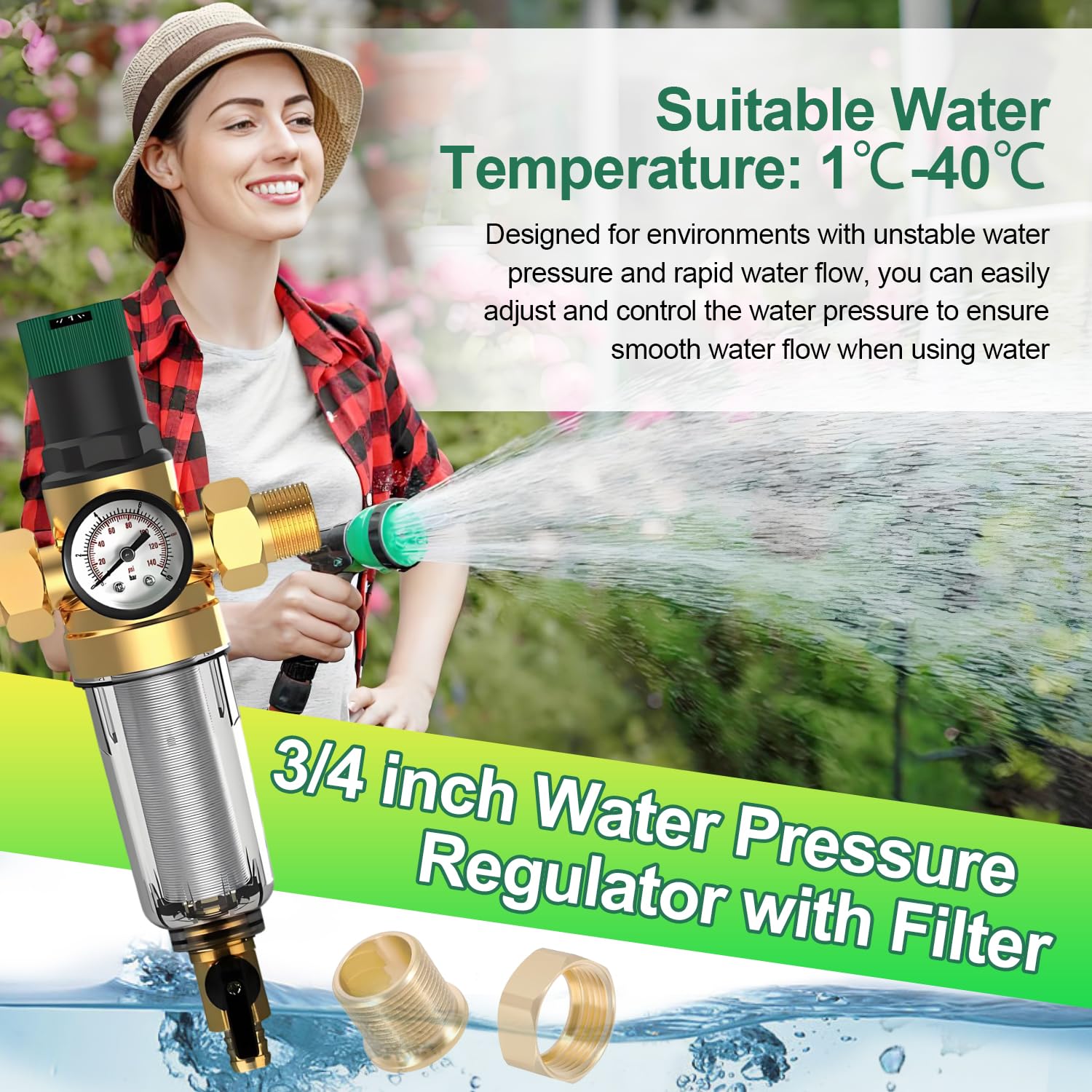 Reducteur de Pression Eau 3/4 Pouces avec Filtre De Nettoyage Intégré et Manometre Pression Filtre Compresseur Dair en Laiton Adapté aux Purificateurs d'Eau, Machines à Laver, Robinets