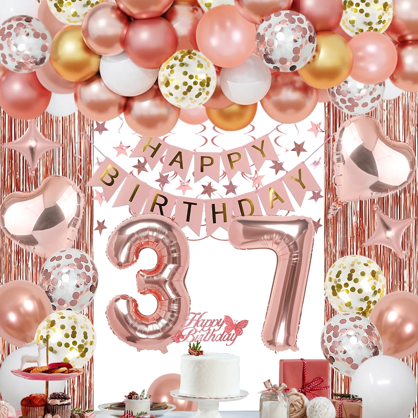 NANINUNENO 37th Rose Gold Birthday Party Decorations for Women, Rose Gold Happy Birthday Banner, Fringe Curtains, Heart Foil Balloons, Confetti