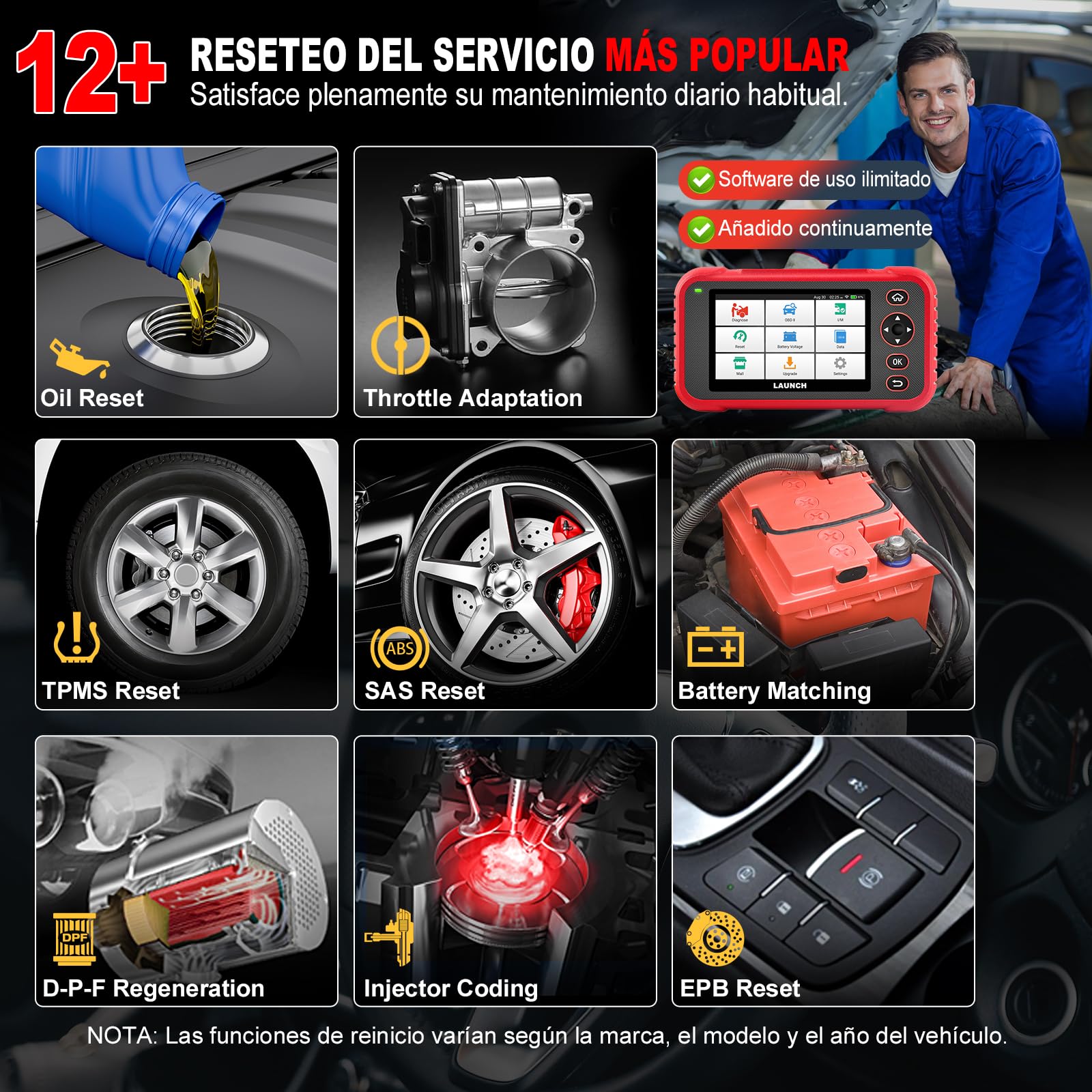LAUNCH CRP129E Plus V3 OBD2 Diagnosis Coche Todo Sistema con, OBD2 Diagnosis Coche Multimarca, 12+ Reset ABS/Inyectores/Aceite/Acelerador/EPB/DPF/SAS/TPMS/BMS, Actualizaciones Software por Vida.