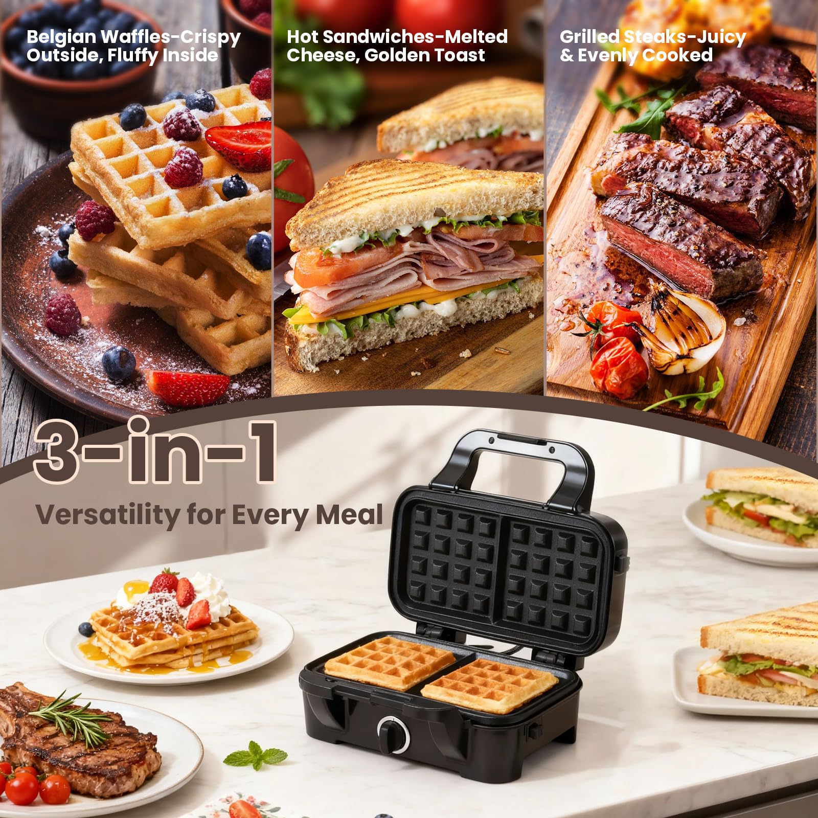 3 en 1 waflera belga Panini prensa y sandwichera con placas antiadherentes extraíbles, 5 ajustes de temperatura, diseño mejorado, mango de tacto fresco, 1200 W 120 V