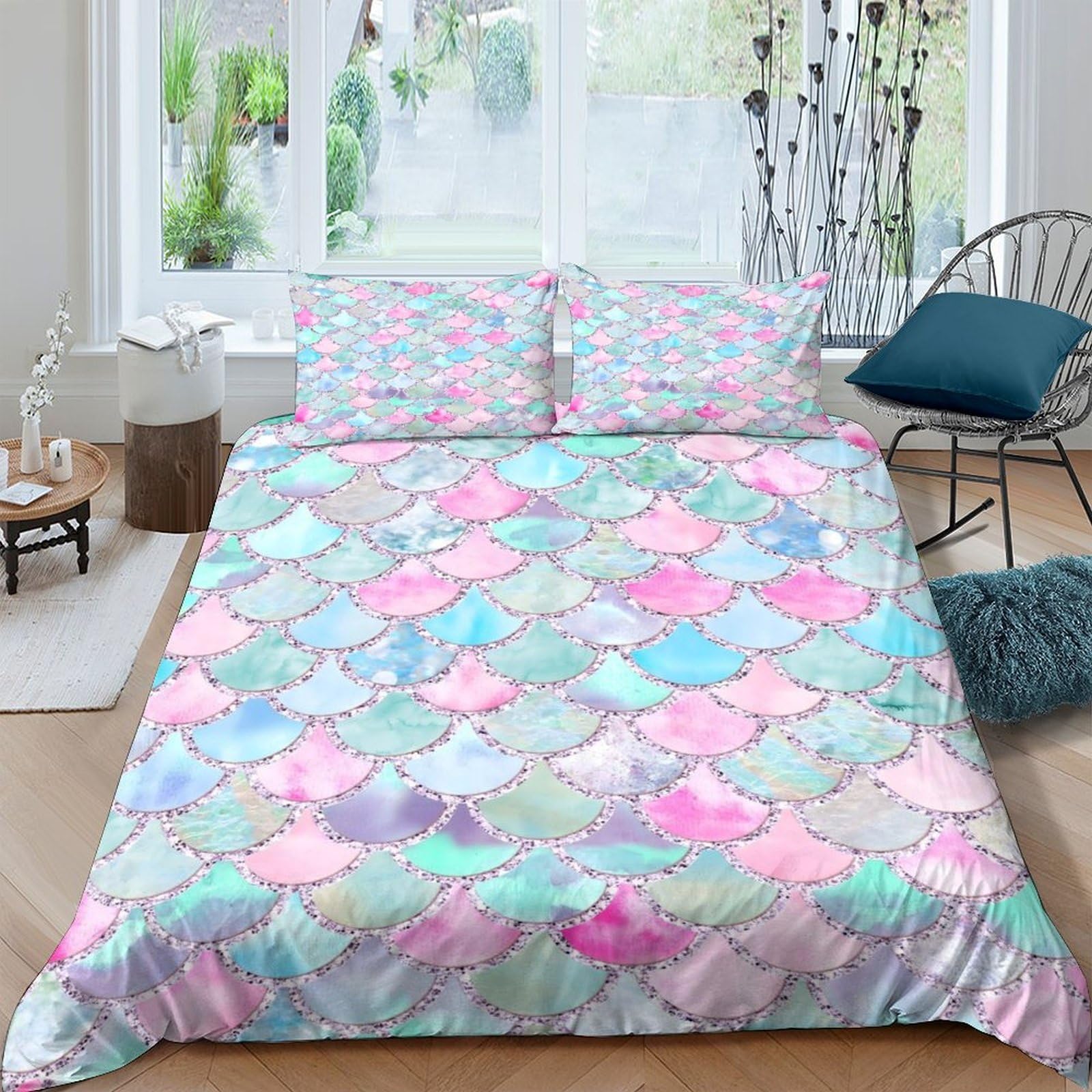 Ctjqhvkz Style-6 3D Printed Pastel Mermaid Scales Fitted Sheet Microfiber Soft Mattress Cover For Bedroom Guest Room Dorm Decor Single（135X200cm）