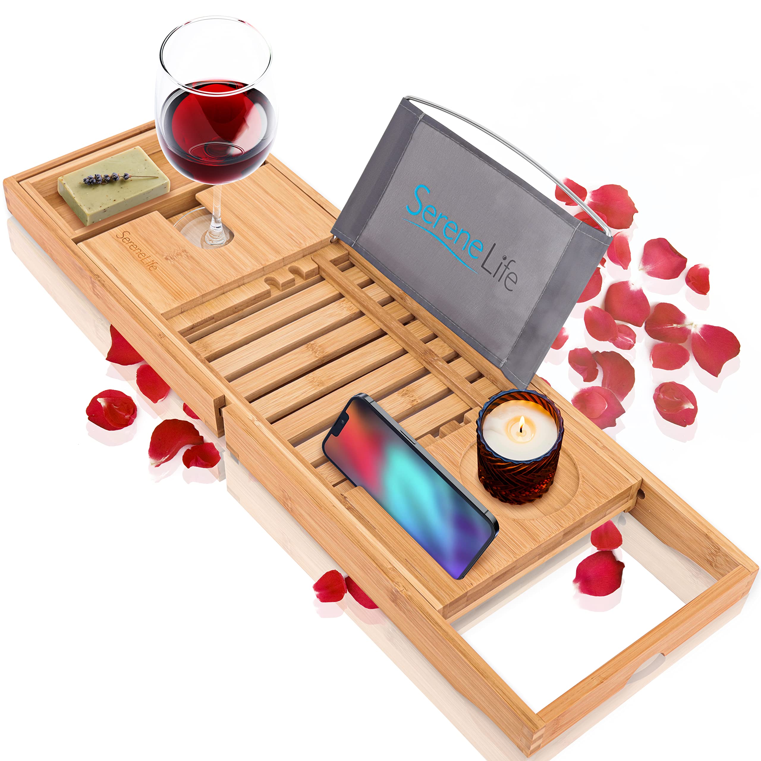 luxury bamboo bathtub caddy tray - adjustable natural wood bath tub organizer with wine holder, cup placement, soap dish, book space & phone slot for spa, bathroom & shower - serenelife slbcad20