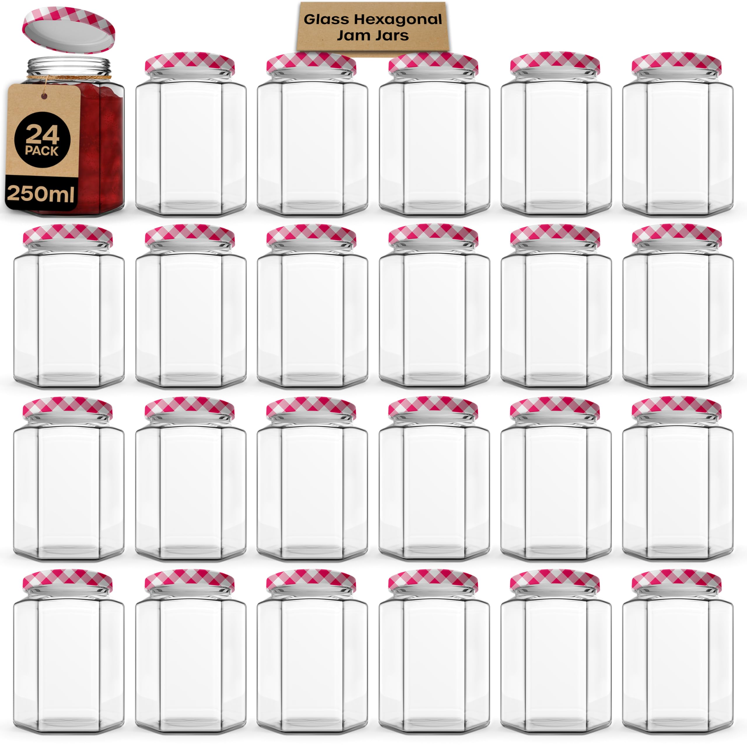 Volila Transparent Jam Jars With Lids 250Ml – 24 Pack Hexagonal Small Jars With Red Gingham Screw Top Lids – Airtight Glass Jars With Lids For Homemade Jam, Marmalade, And Chutney - Glass Jars With Lids