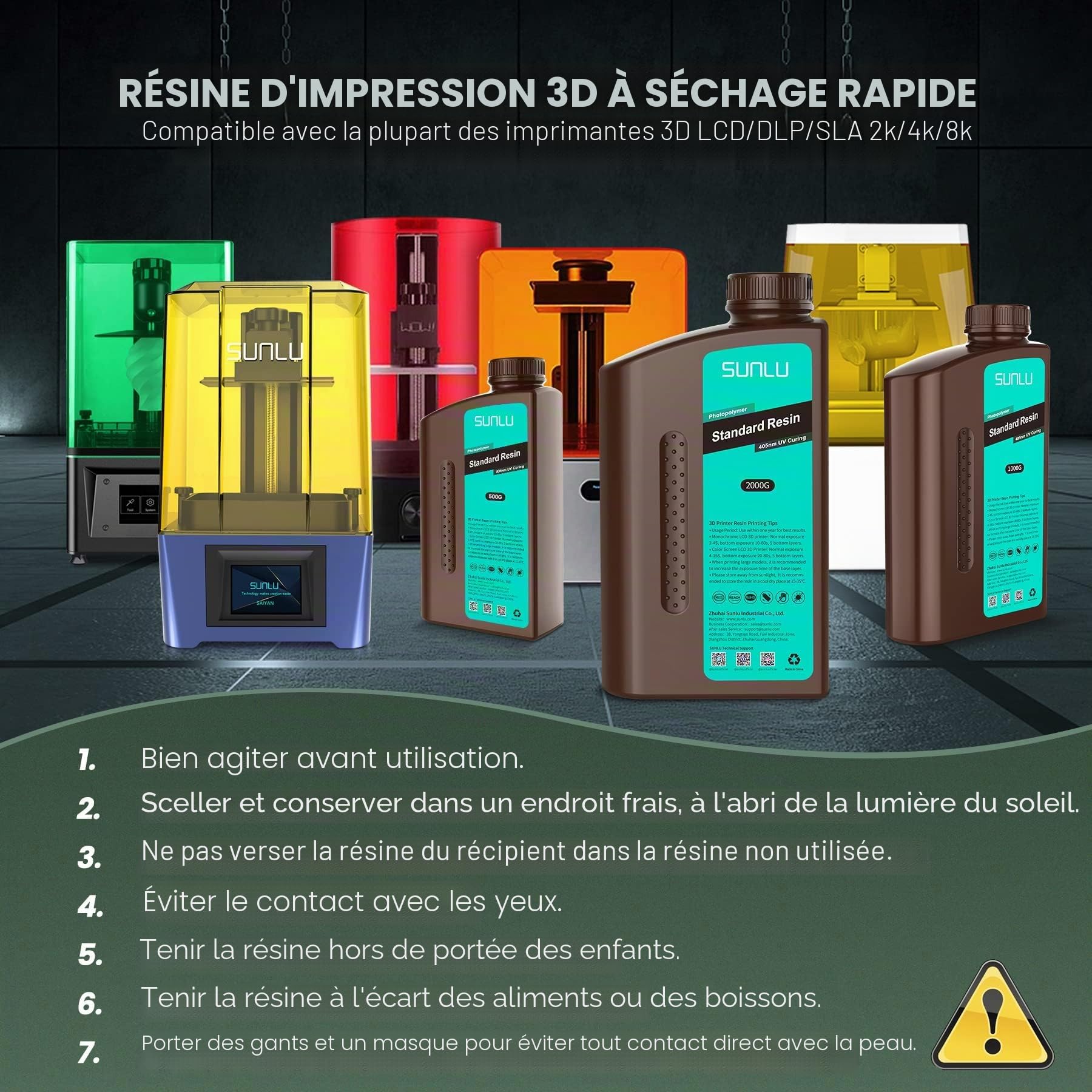 SUNLU Résine standard 2 kg Faible rétrécissement Durcissement rapide Résine UV 365-405 nm Pour imprimantes 3D LCD/DLP/SLA 2000 g Gris