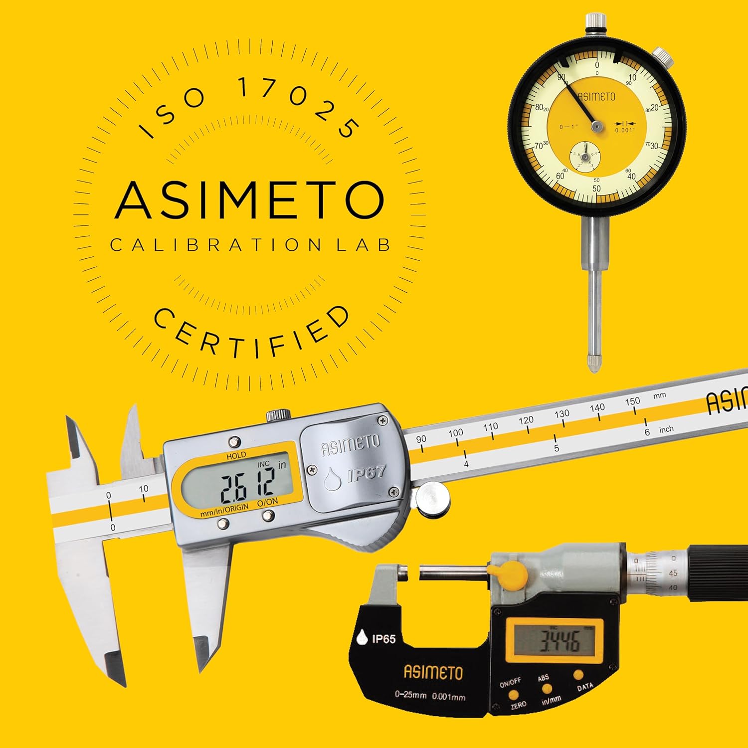 Asimeto Dial Caliper 0-6 Inch Measuring Tool, Precision Machinist Caliper with 0.001" Accuracy, Stainless Steel, Preloaded Dual Pinions, ISO17025 Calibrated for Woodworking, Metalworking, DIY