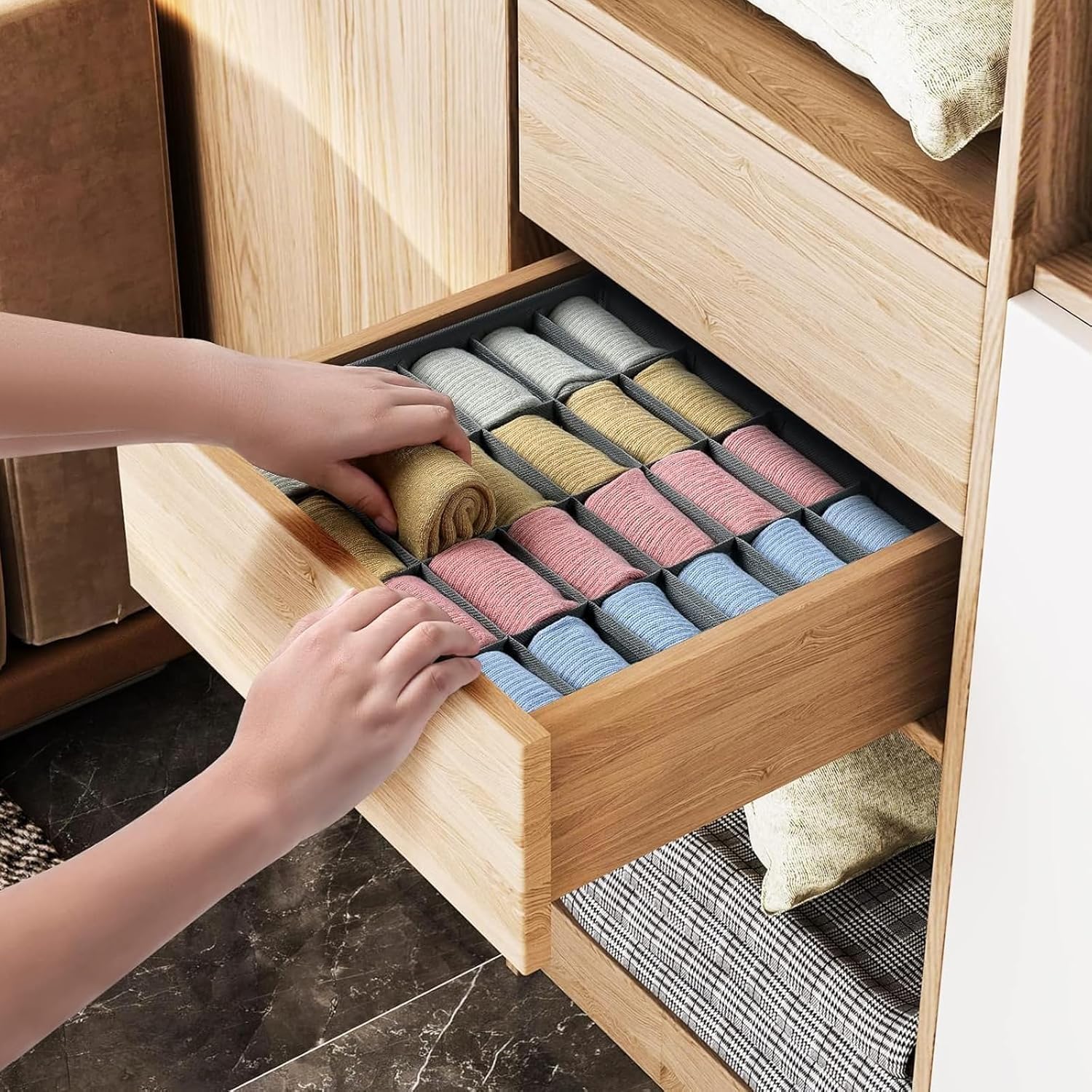 Drawer Organizer 2 Pack 24 Compartments for Socks Bra Underwear Ties - Foldable Mesh Wardrobe Divider Box for Men & Women - Closet Dresser Cabinet Storage - 30x30cm Grey