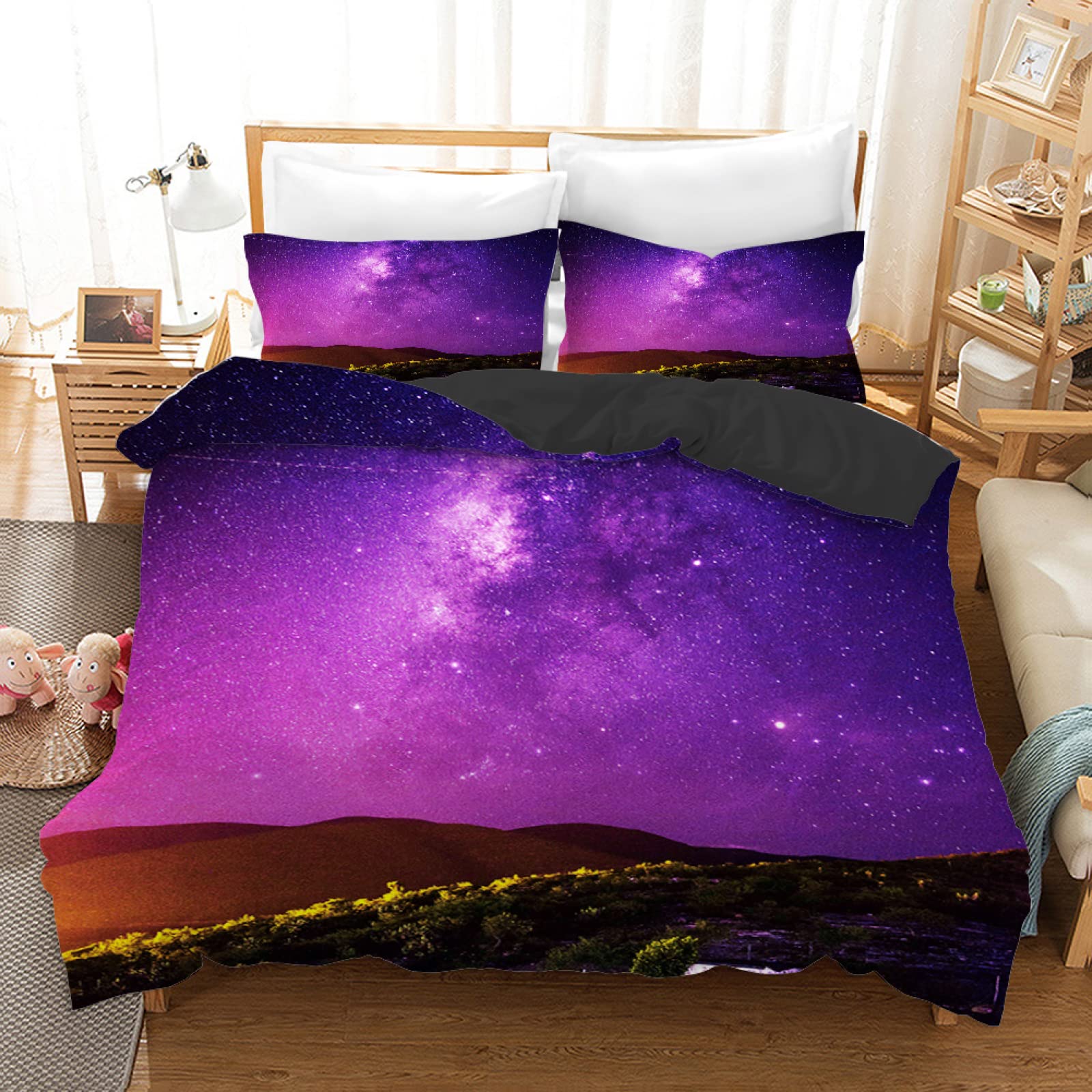 Housse de couette 160x200 cm avec 2 taies d'oreiller en microfibre motif Aurore Violette