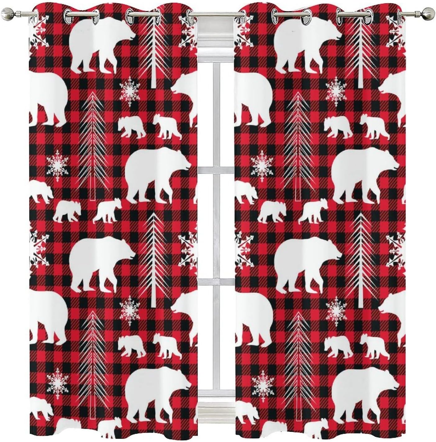 Rustic Christmas Woodland Wildlife Curtains,Cabin Winter Forest Snowflakes Tree Bear Buffalo Plaid Window Drapes Thermal Insulated Grommet Top Blackout Drapes for Bedroom 63L x 21W,2 Panels