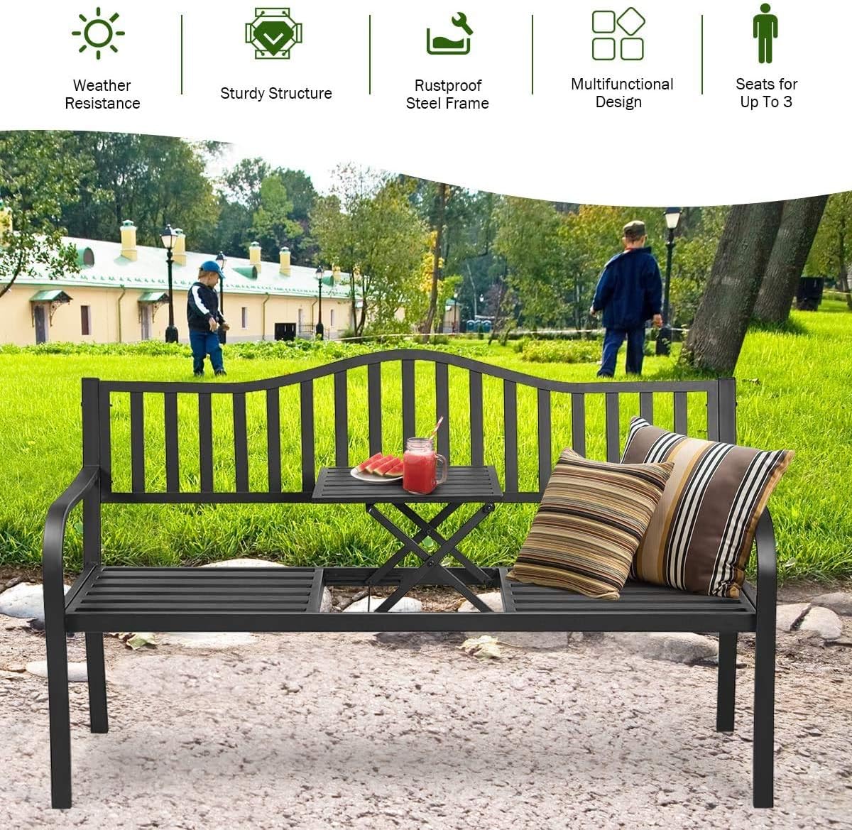 Giantex Outdoor Bench with Pullout Middle Table, 500Lbs Capacity, Outside Loveseat Chair, 2-3 Person Patio Seating, Metal Garden Benches for Front Porch Pool Deck Outside (Black)