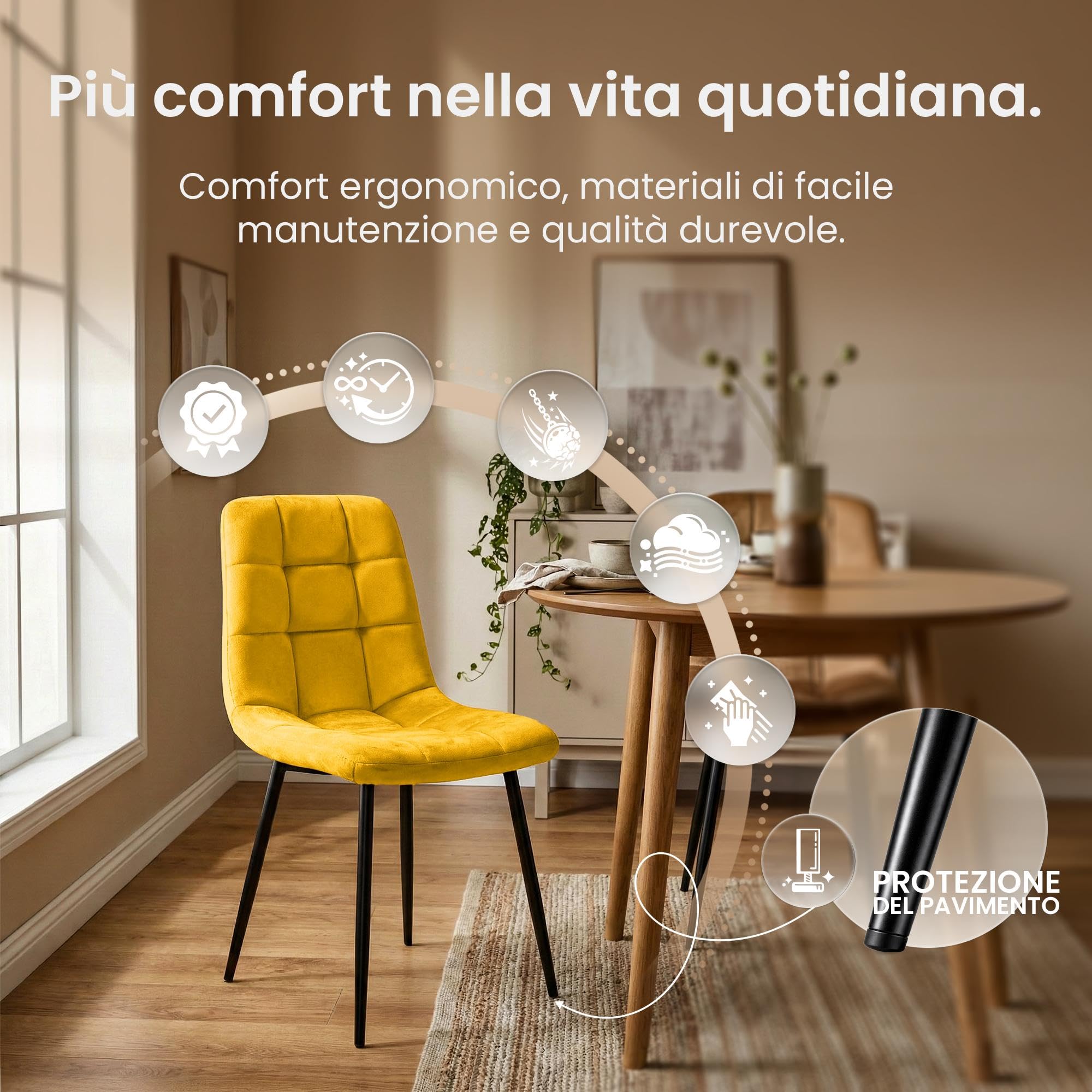 CLP Sedie da pranzo Antibes set da 4 imbottite, sedie cucina in velluto con schienale e struttura in metallo nero, portata fino a 150 kg Colore:giallo