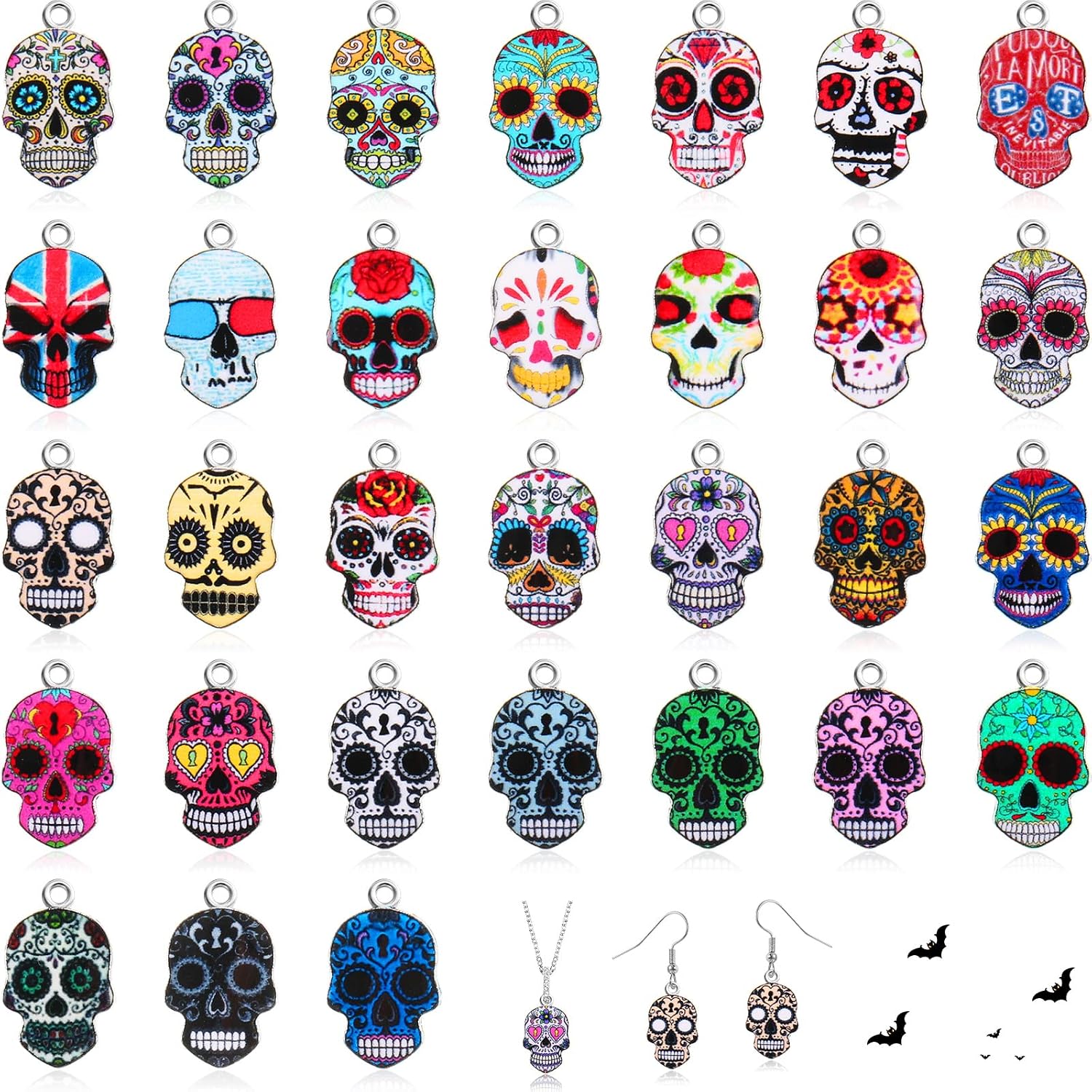 62 Pieces Halloween Skull Charms Day of The Dead Charms 31 Color Flower Enamel Skull Pendants Alloy Mexican Skull Charms for Jewelry Making Earrings Necklaces Bracelets (Stylish Style)
