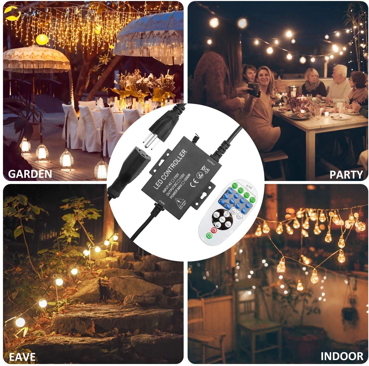 Adust 1000W 110V Light String Remote Plug-in Dimmer - AC 110V 1000W Outdoor String Lights Bulbs Switch, Wireless Remote Control Dimmer, 3 Prong Outlet, Timer Switch, Waterproof IP 65 - - 