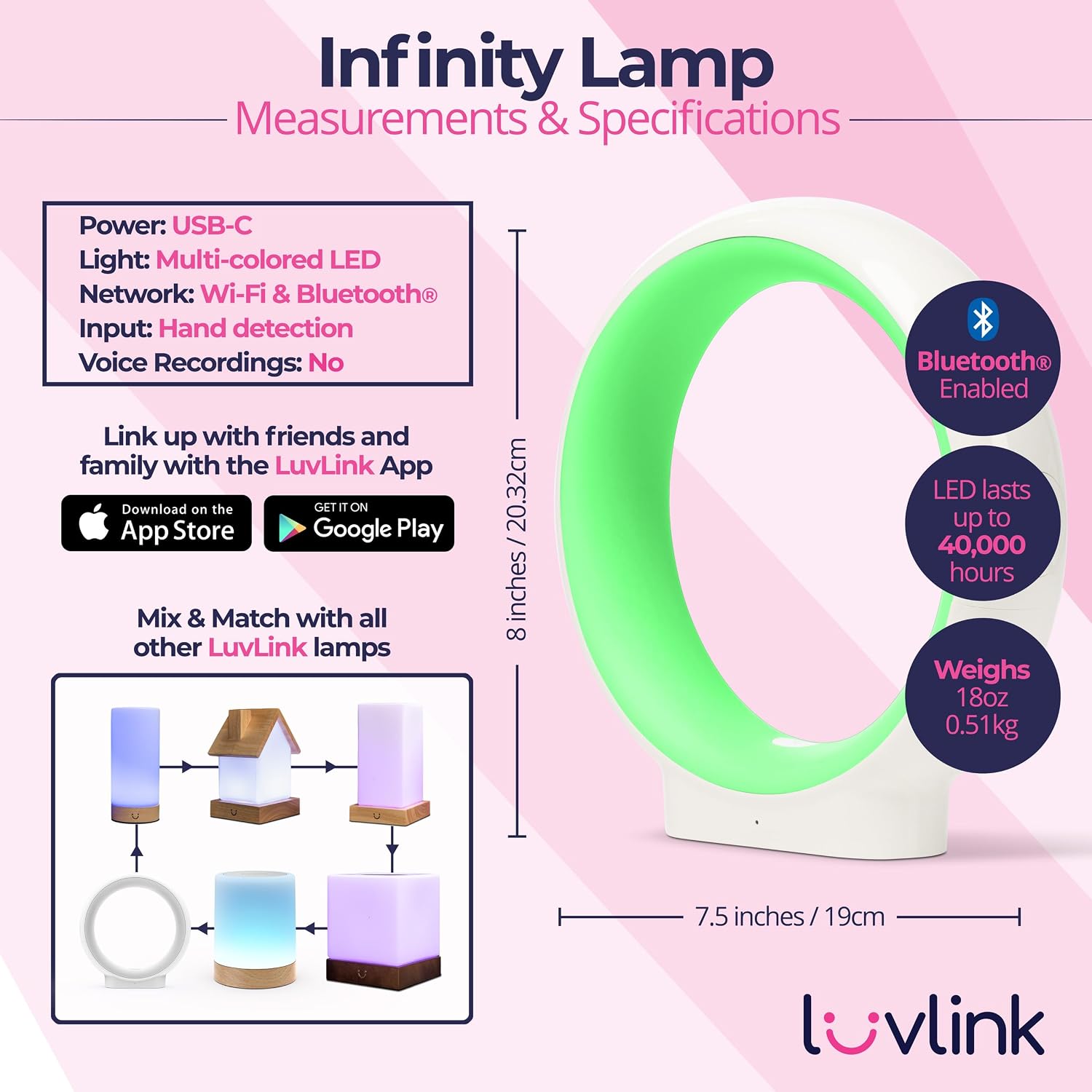 LuvLink Infinity Lamp v2 Award Winning Friendship Lamp - Simple Bluetooth Setup (Single, White)