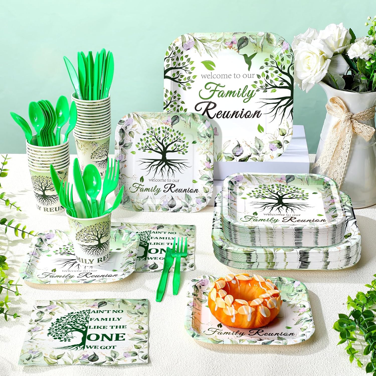 350 Pcs Family Reunion Paper Plates and Napkins Set 9 Inch 7 Inch Disposable Durable Dinnerware Gathering Tree Party Supplies Tableware Serve 50 Guest Cups Knife Forks Spoon