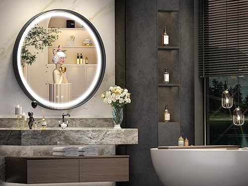 Miniatura 2 de Hasipu Espejo de baño LED de 28 pulgadas con luz, marco de metal negro redondo, espejos de baño para tocador, antiniebla, regulable, 3 colores