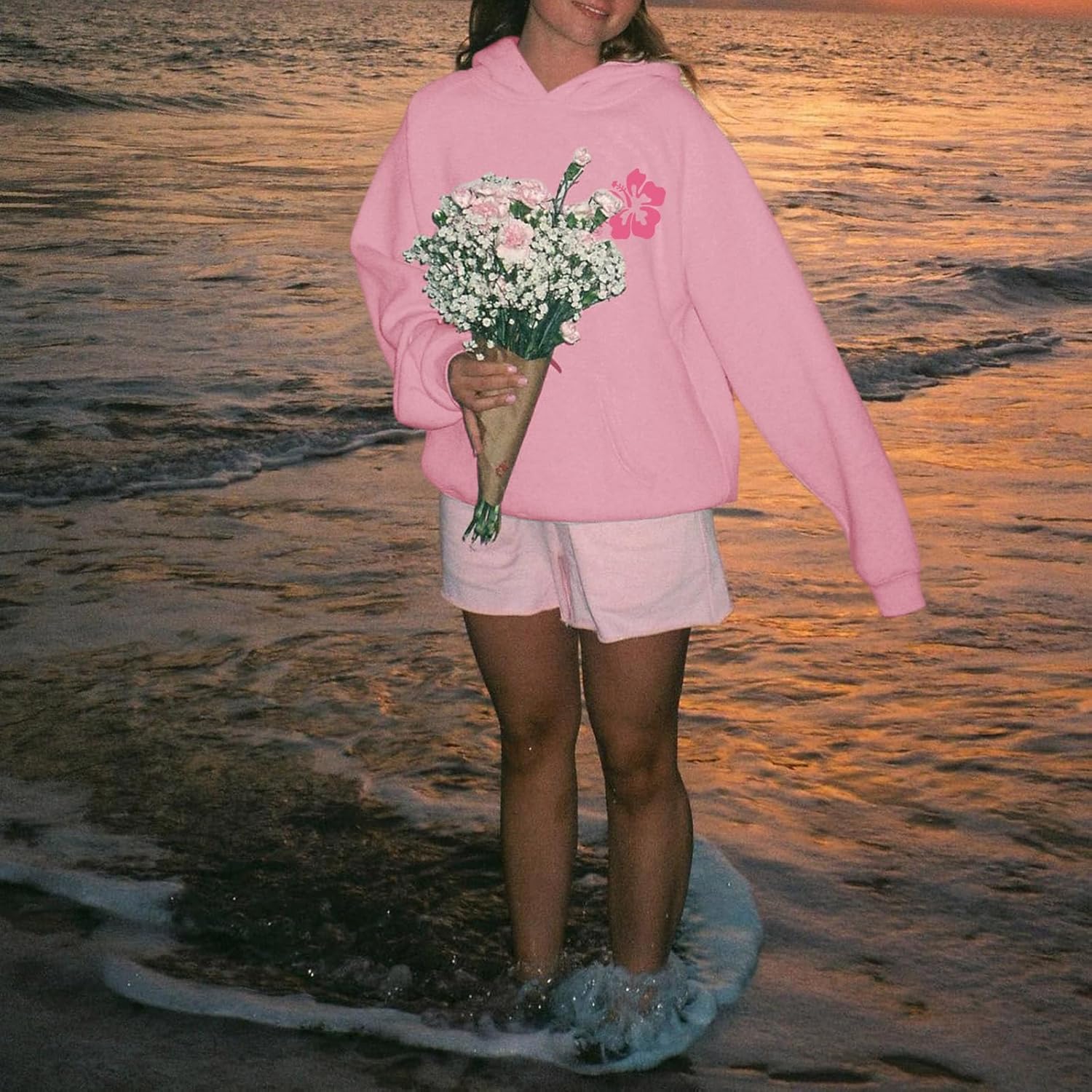 Cute Pink Flower Hoodie for Woman Preppy Sweatshirts Trendy Puff Print Letter Graphic Hoodies Casual Pullover Tops - Image 4