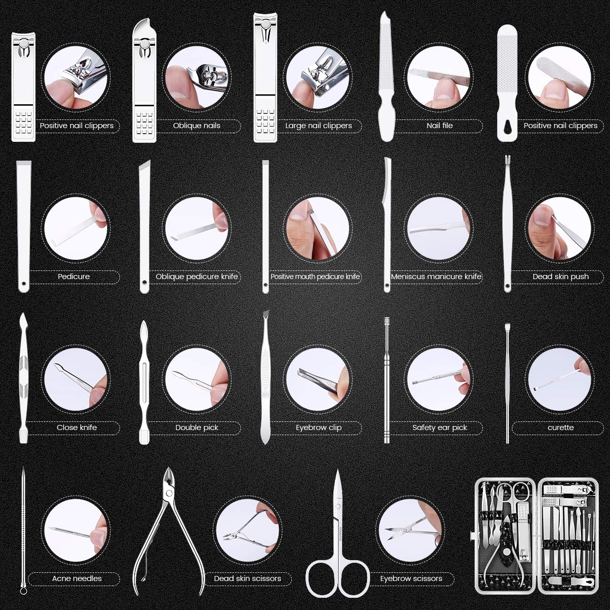 Manicure Set Nail Clippers Pedicure Kit 18 in 1 Tool Kit Stainless Steel Self Care Toenail Clippers Fingernail Cutter Ear Pick Grooming Kits with Luxurious Travel Case Gifts for Men and Women (Sliver)