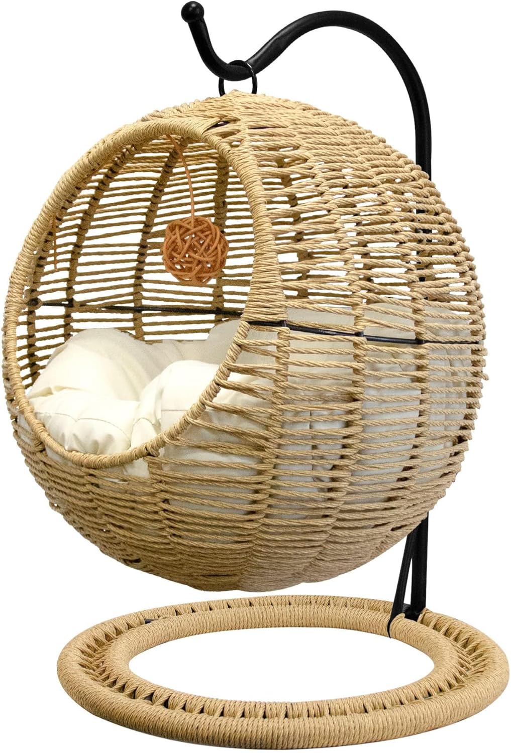 BROWN-BROWN Wicker Cat Bed Indoors & Outdoors, Hand Made Cat Swing Bed with Removable Cushion & Hanging Ball, Washable Pet Swing for Cat, Small Dog, Small Animals