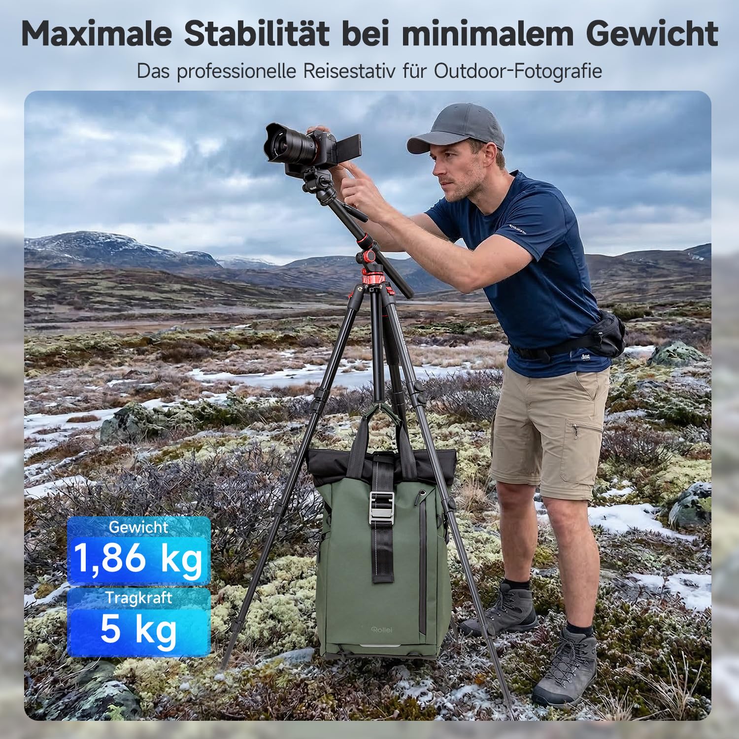 Rollei Compact Traveler No.2 XL Video Stativ Kamera mit Auslegearm 212cm Aluminium Kamerastativ mit Fluidkopf & Einbeinstativ Dreibeinstativ mit Handhalterung, Kamera-Stativ-Camera-Tripod-Fotostativ