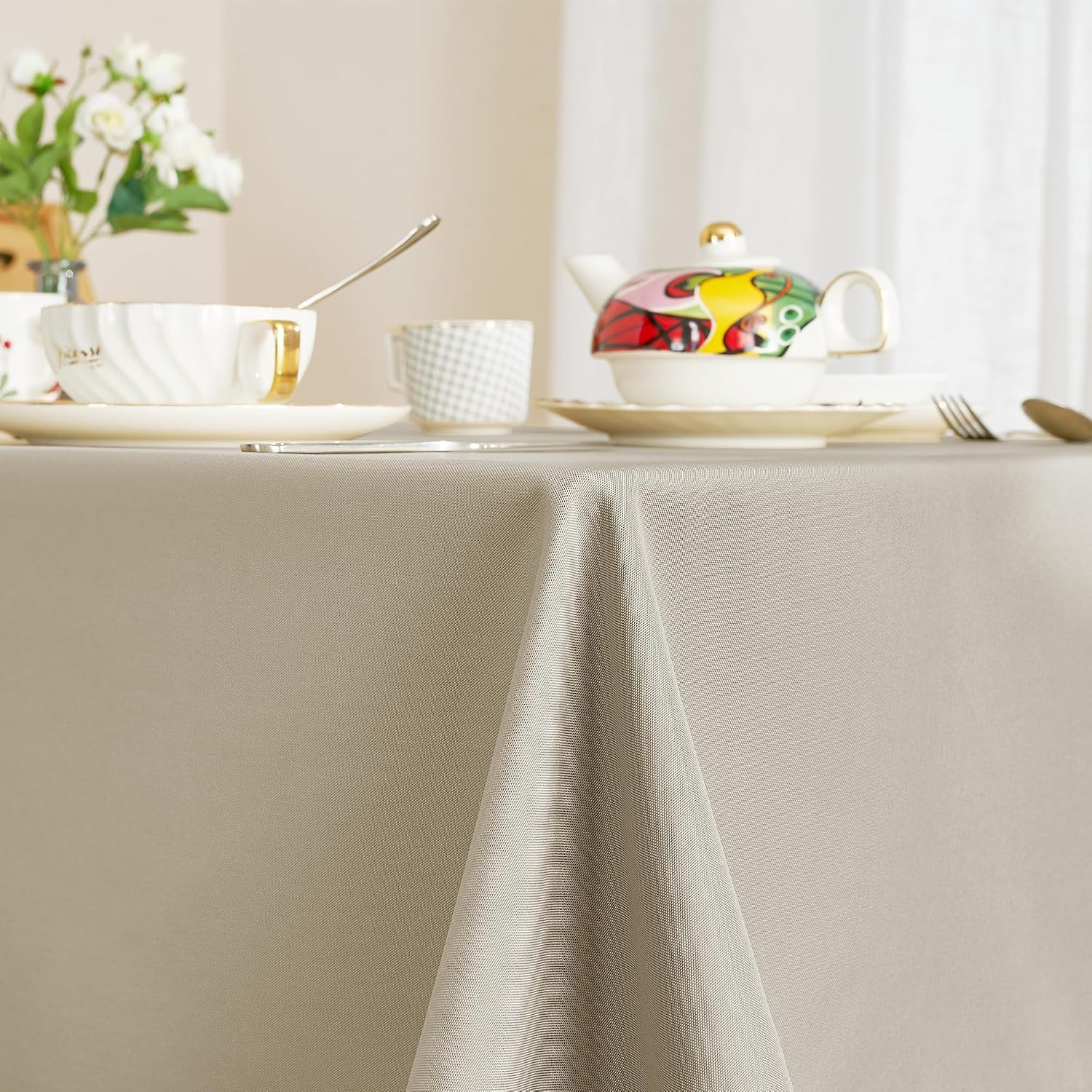 RYB HOME Spillproof Tablecloth Waterproof - Square Table Linen Stain Scratch Resistant Polyester Fabric Tabletop Decor for Kitchen Dining Banquet, 60 x 60, Taupe image 4