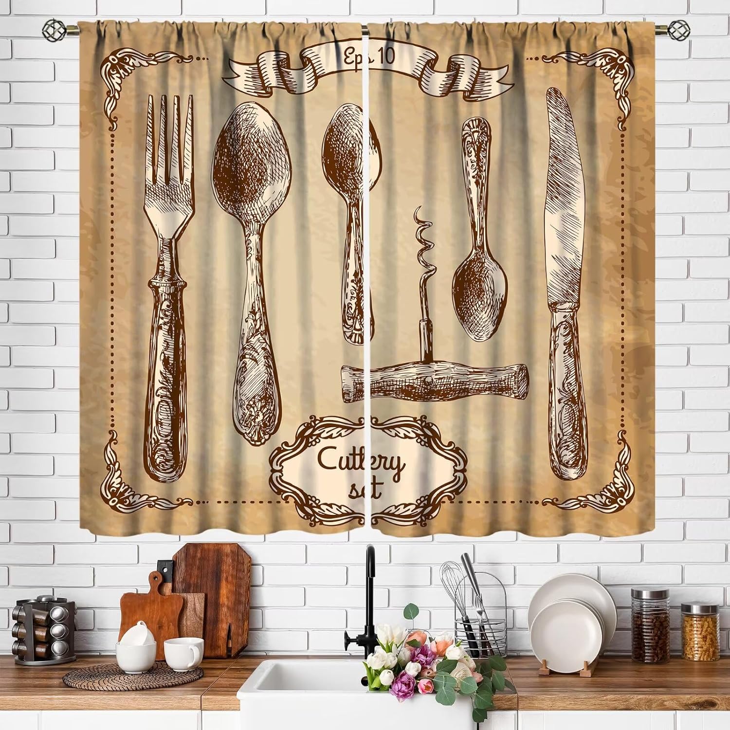 Rustic Food Kitchen Curtains Vintage Cooking Sign Retro Vegetable Utensil Chef Cafe Curtain with Rod Pocket for Bedroom Living Room Decor Drapes Window Treatments 2 Panels Set 42x45 Inch