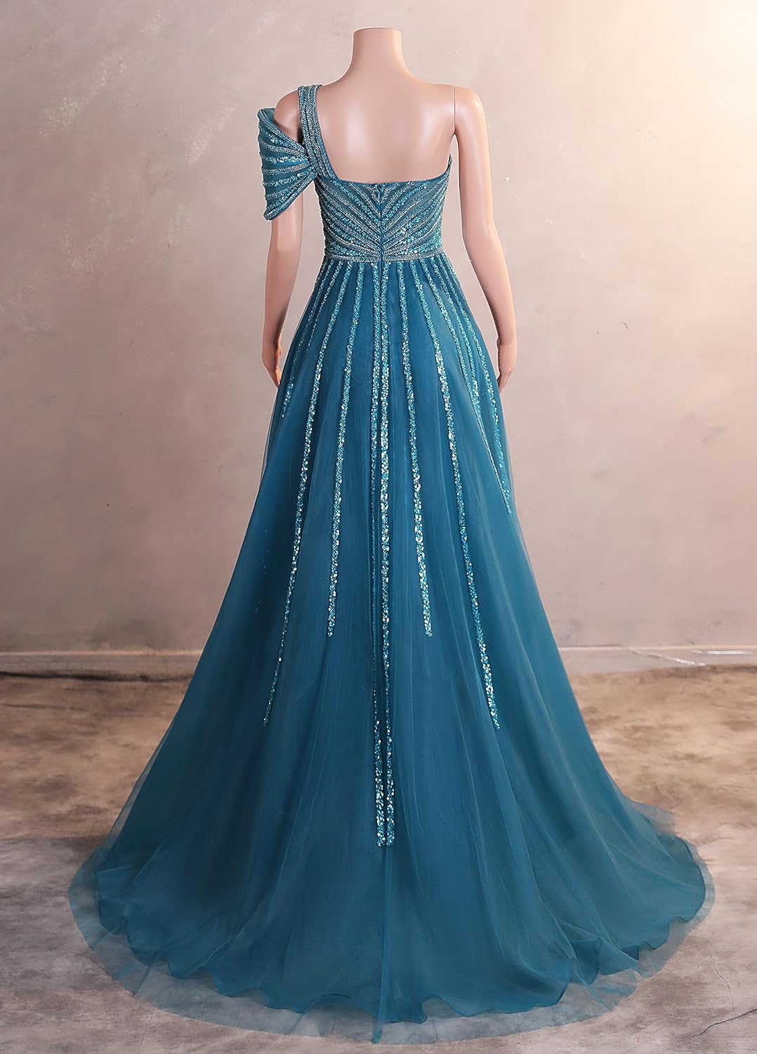 Evening Dress Beaded Sequin One Shoulder Split Tulle Prom Dress