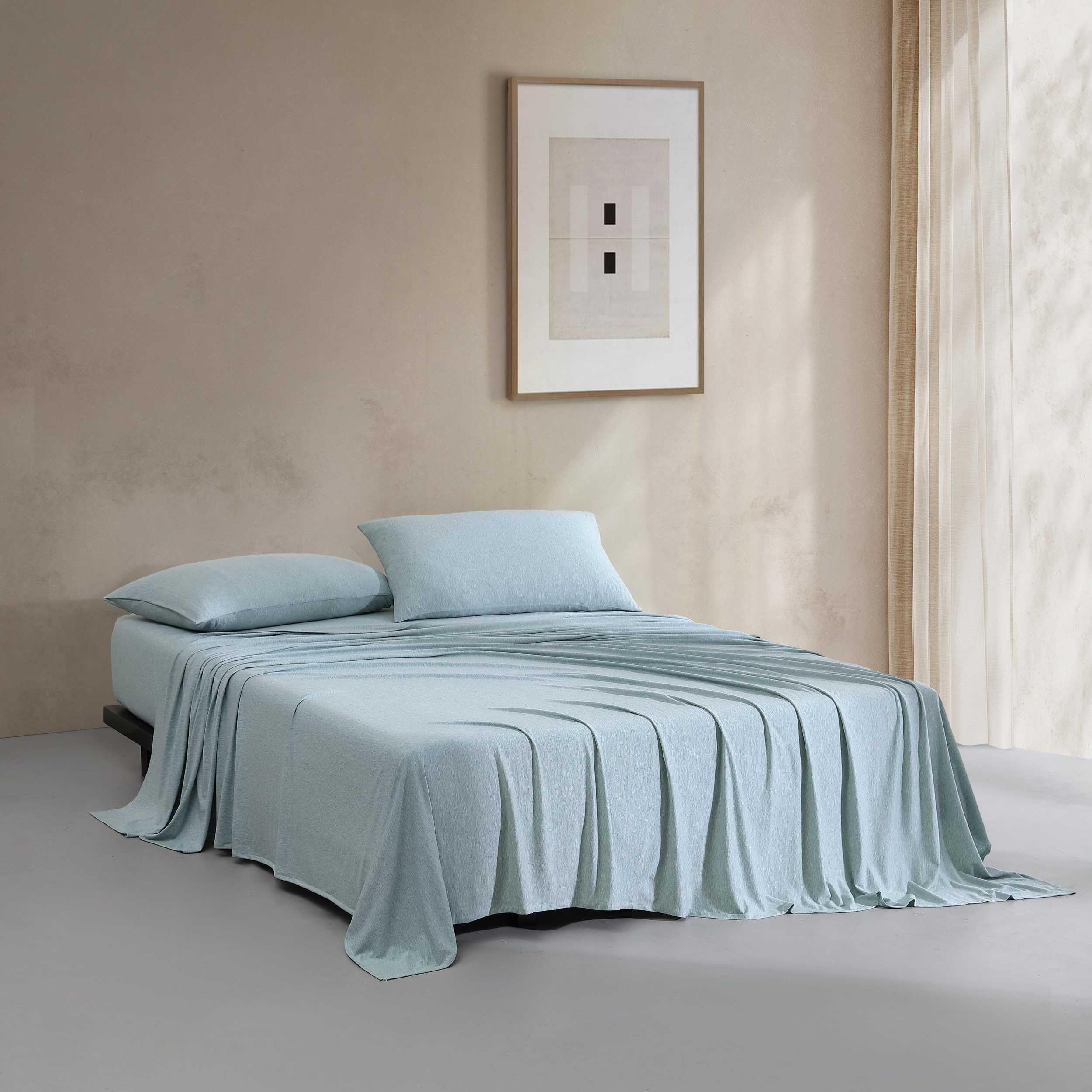 Calvin Klein - Sábanas de Cama King, Juego de Ropa de Cama de Jersey de Mezcla de algodón con Bolsillos Profundos, Esenciales de Ropa de Cama súper Suaves y acogedores (algodón Moderno Aguamarina