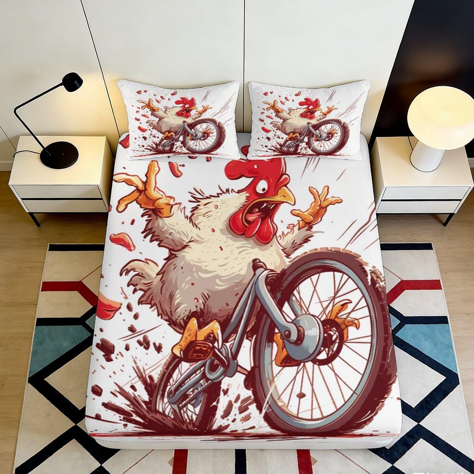 3D Printed Cartoon Chicken Fitted Sheet Microfiber Soft Anti-Slip Bicycle Theme Mattress Cover for Bedroom Dorm Decor 120x200x25cm